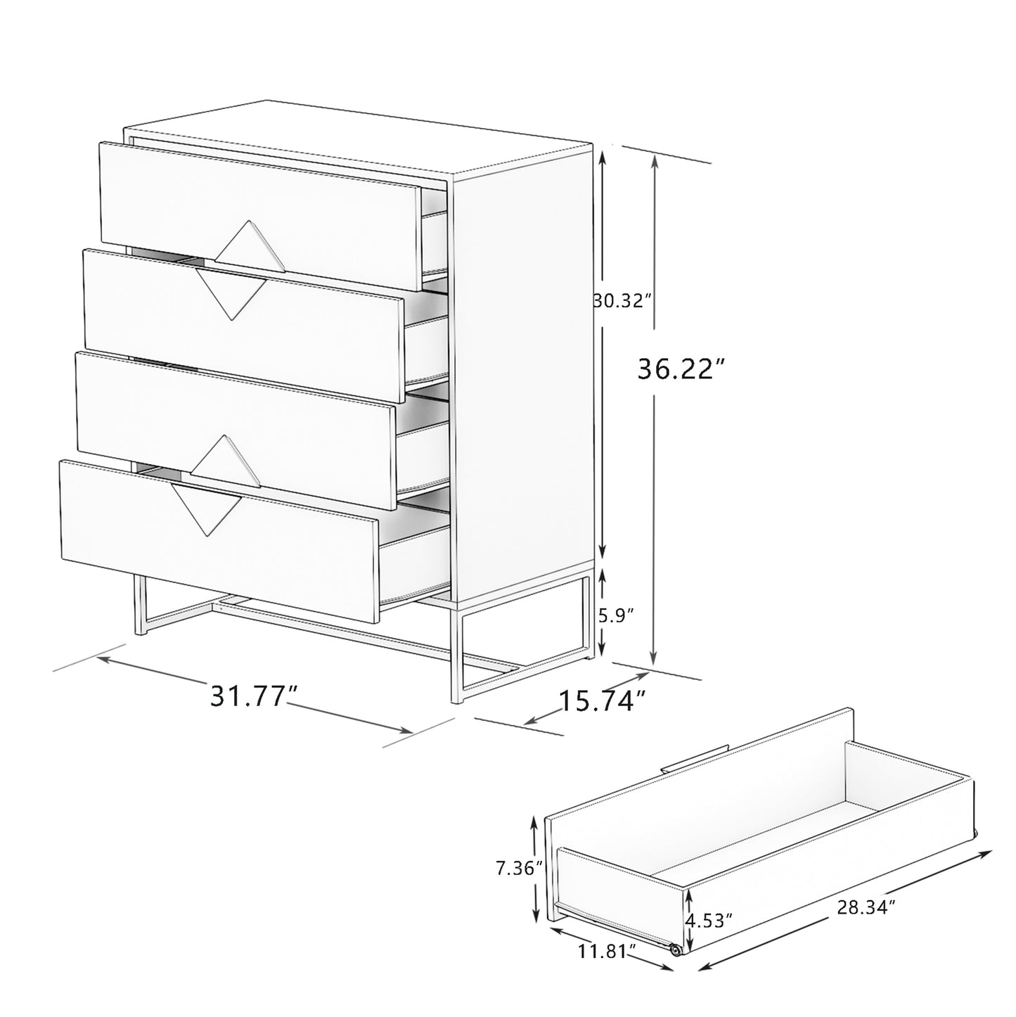 （缺货）Solid wood special shape square handle design with 4 drawers bedroom furniture dressers