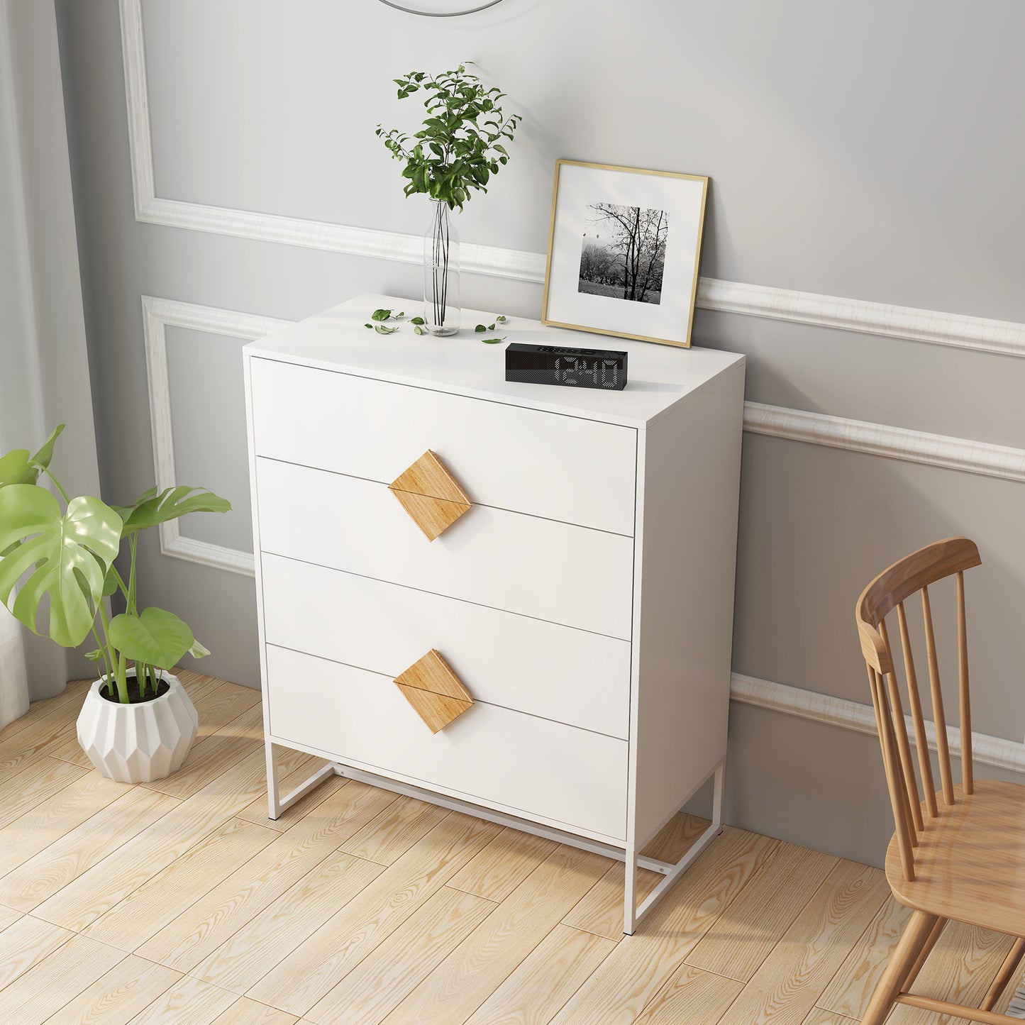 （缺货）Solid wood special shape square handle design with 4 drawers bedroom furniture dressers