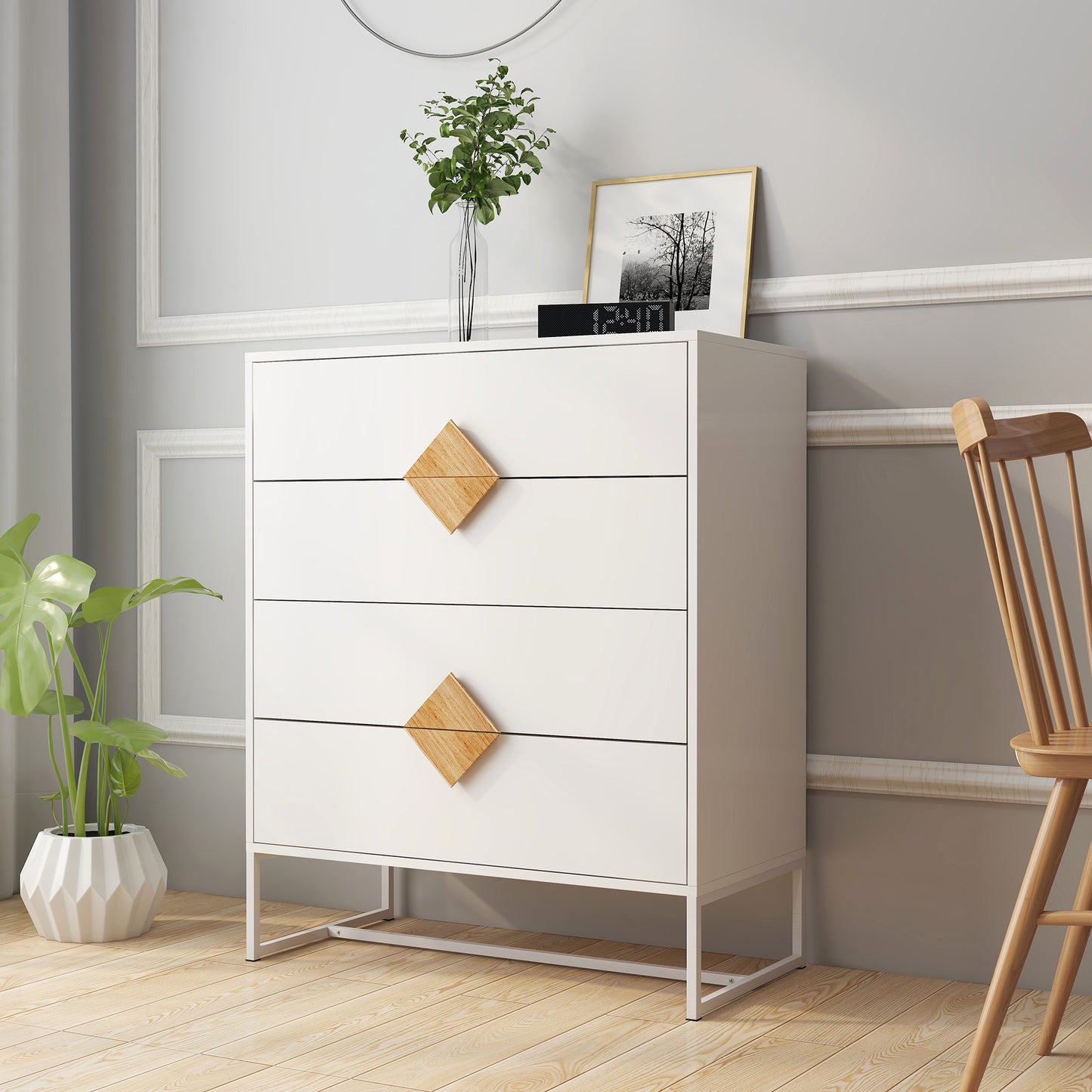 （缺货）Solid wood special shape square handle design with 4 drawers bedroom furniture dressers