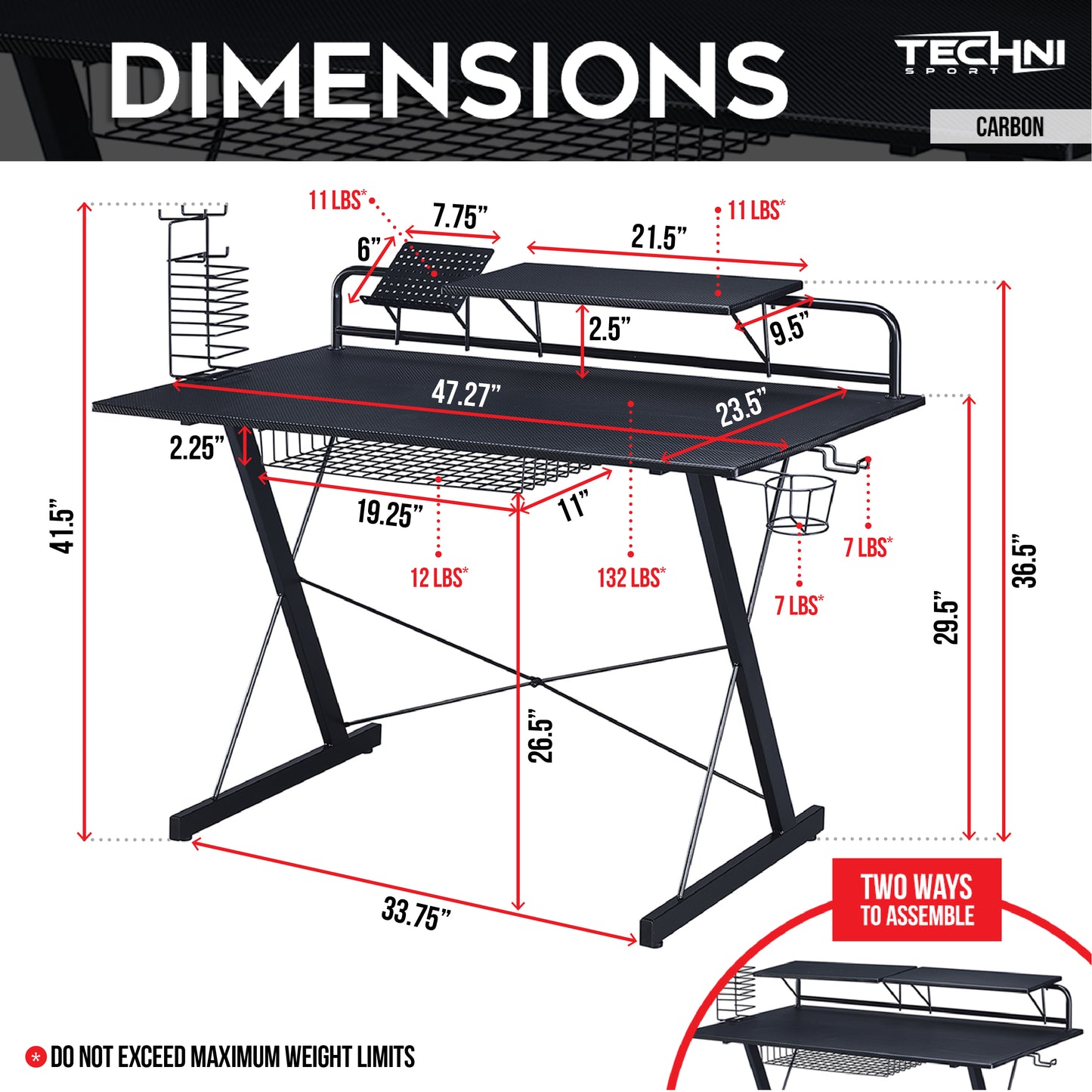 （缺货）Techni Sport TS-200 Carbon Computer Gaming Desk with Shelving, Black