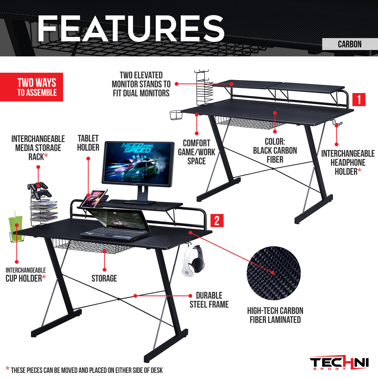 （缺货）Techni Sport TS-200 Carbon Computer Gaming Desk with Shelving, Black