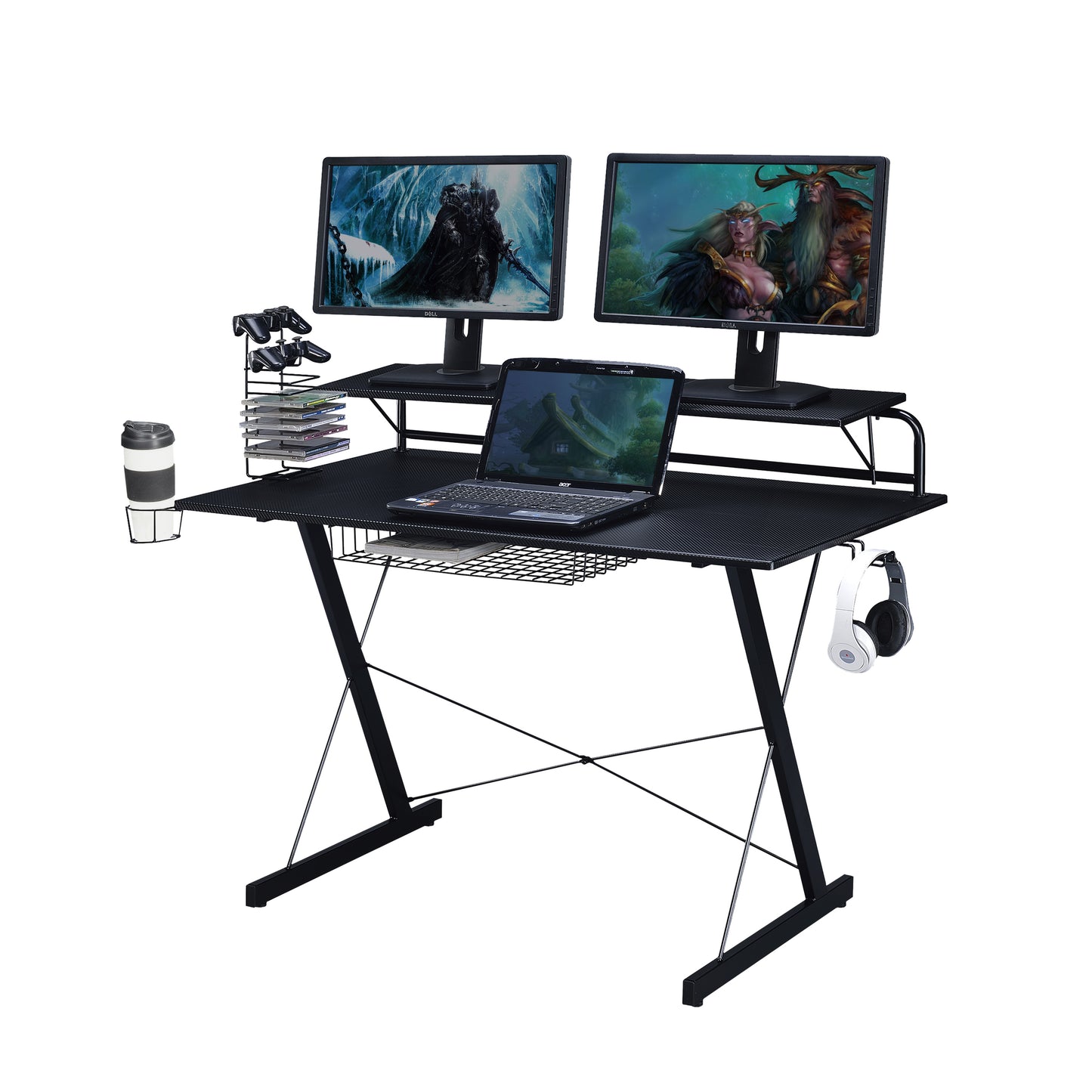 （缺货）Techni Sport TS-200 Carbon Computer Gaming Desk with Shelving, Black