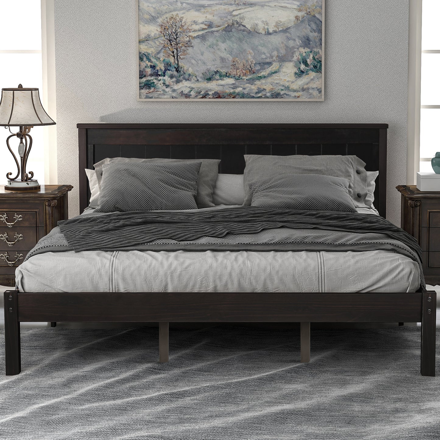 （最后3个）Platform Bed Frame with Headboard, Wood Slat Support, No Box Spring Needed, Queen,Espresso(OLD SKU:WF191420AAP)