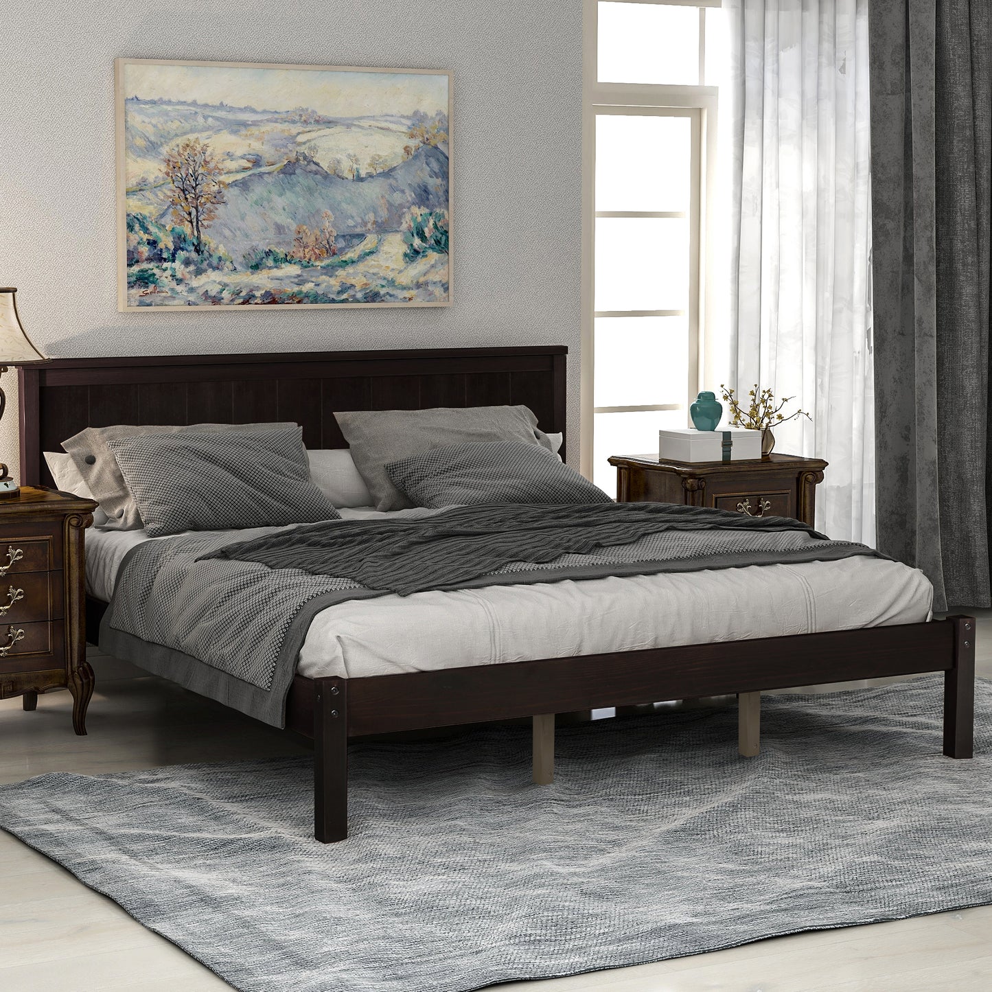 （最后3个）Platform Bed Frame with Headboard, Wood Slat Support, No Box Spring Needed, Queen,Espresso(OLD SKU:WF191420AAP)