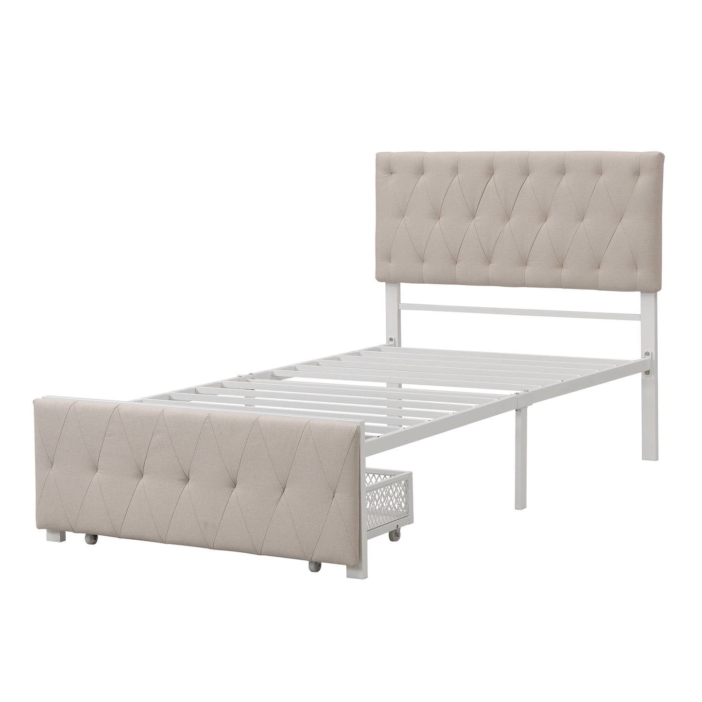 （缺货）Twin Size Storage Bed Metal Platform Bed with a Big Drawer - Beige