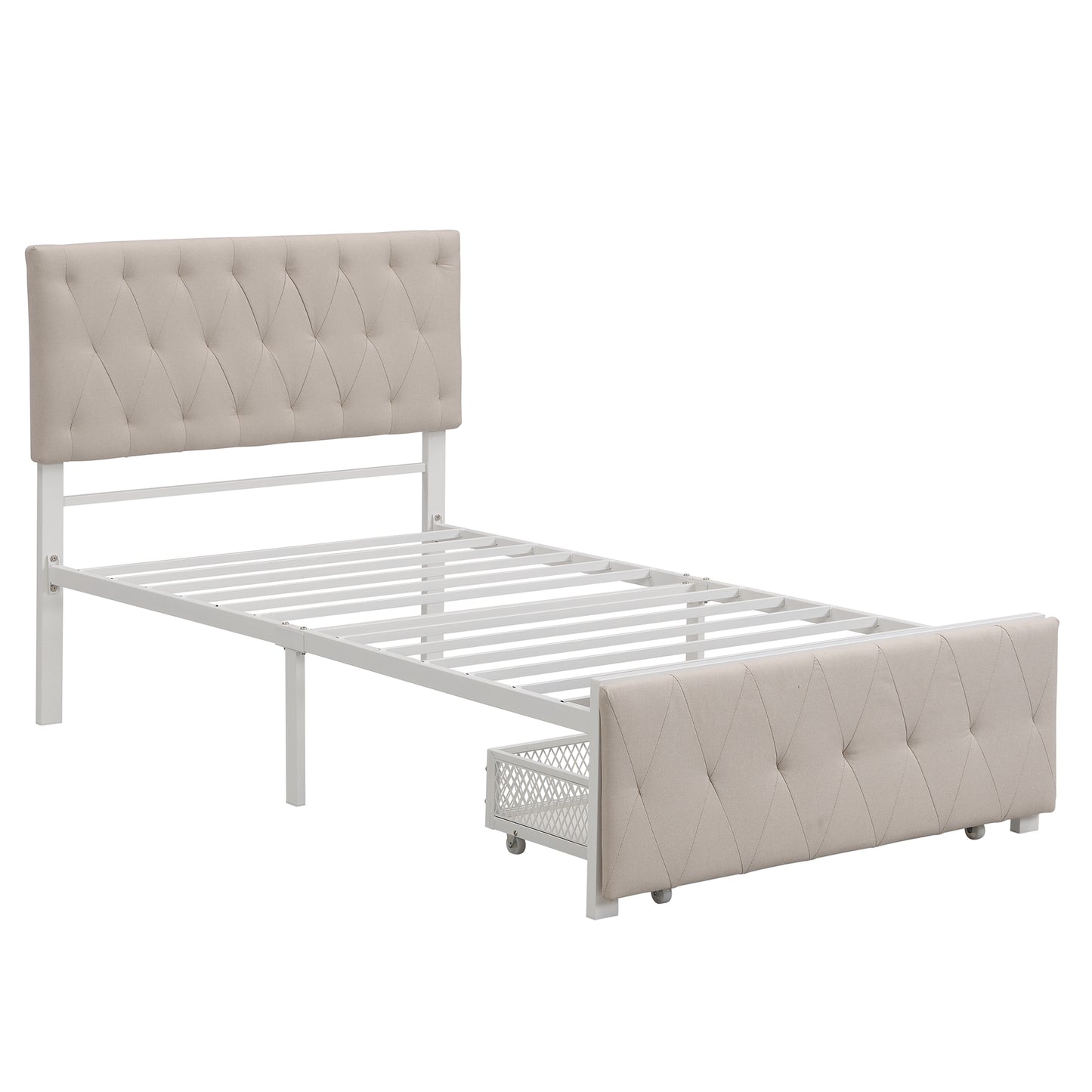 （缺货）Twin Size Storage Bed Metal Platform Bed with a Big Drawer - Beige