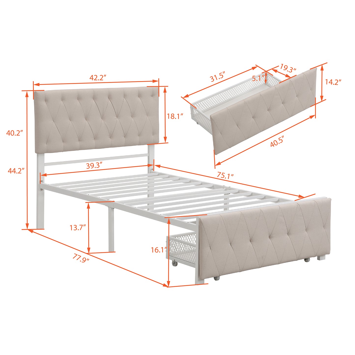 （缺货）Twin Size Storage Bed Metal Platform Bed with a Big Drawer - Beige