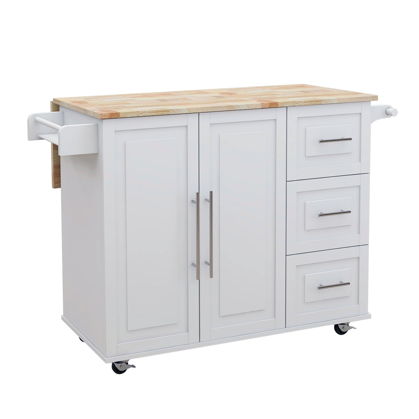 Kitchen Island with Spice Rack, Towel Rack and Extensible Solid Wood Table Top-White