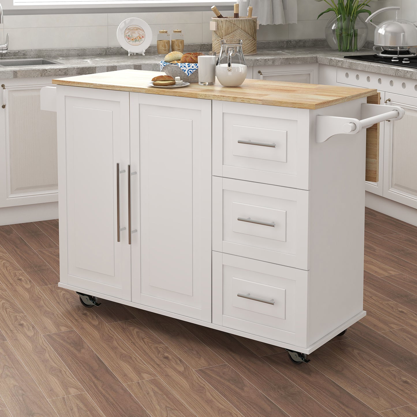 Kitchen Island with Spice Rack, Towel Rack and Extensible Solid Wood Table Top-White