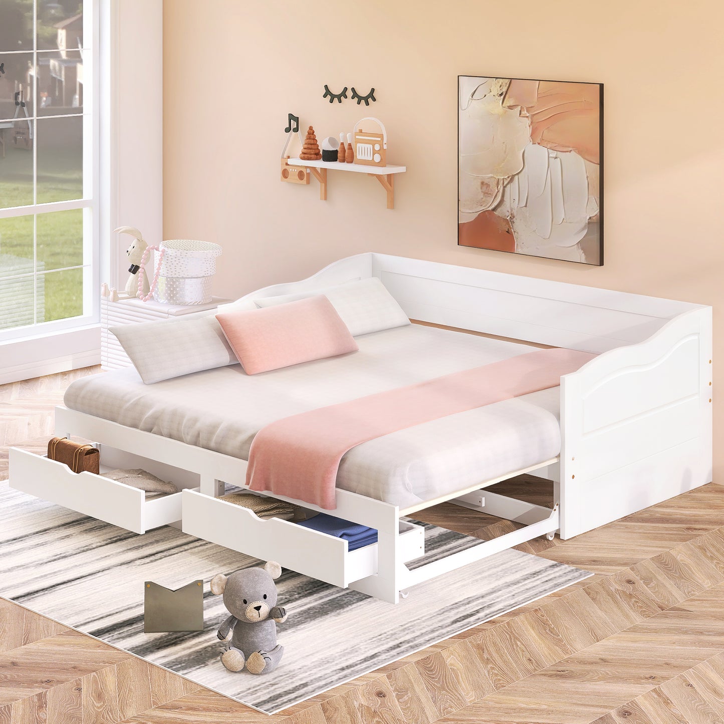 （缺货）Wooden Daybed with Trundle Bed and Two Storage Drawers , Extendable Bed Daybed,Sofa Bed with Two Drawers, White