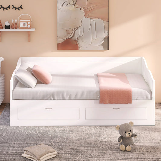 （缺货）Wooden Daybed with Trundle Bed and Two Storage Drawers , Extendable Bed Daybed,Sofa Bed with Two Drawers, White