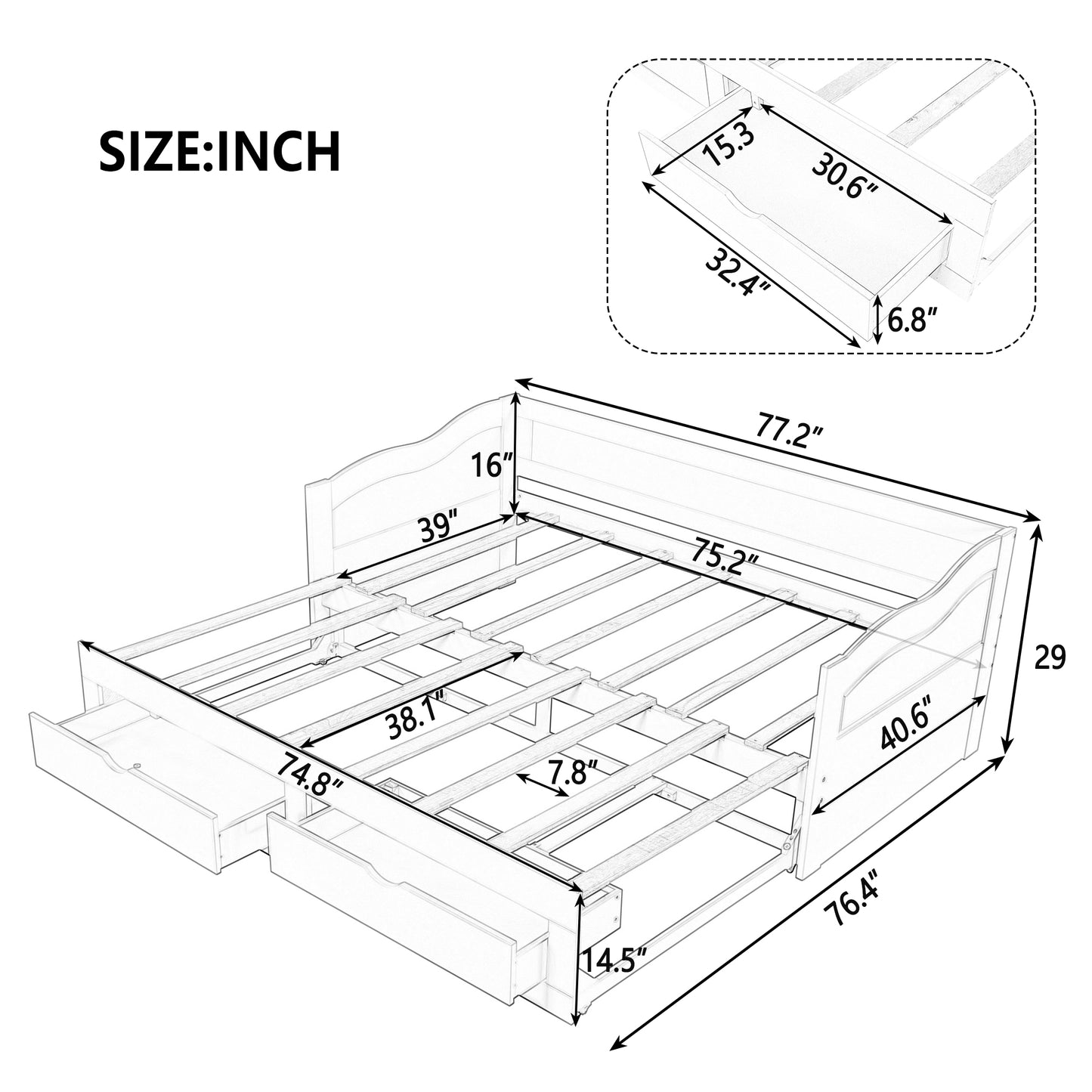 （缺货）Wooden Daybed with Trundle Bed and Two Storage Drawers , Extendable Bed Daybed,Sofa Bed with Two Drawers, White