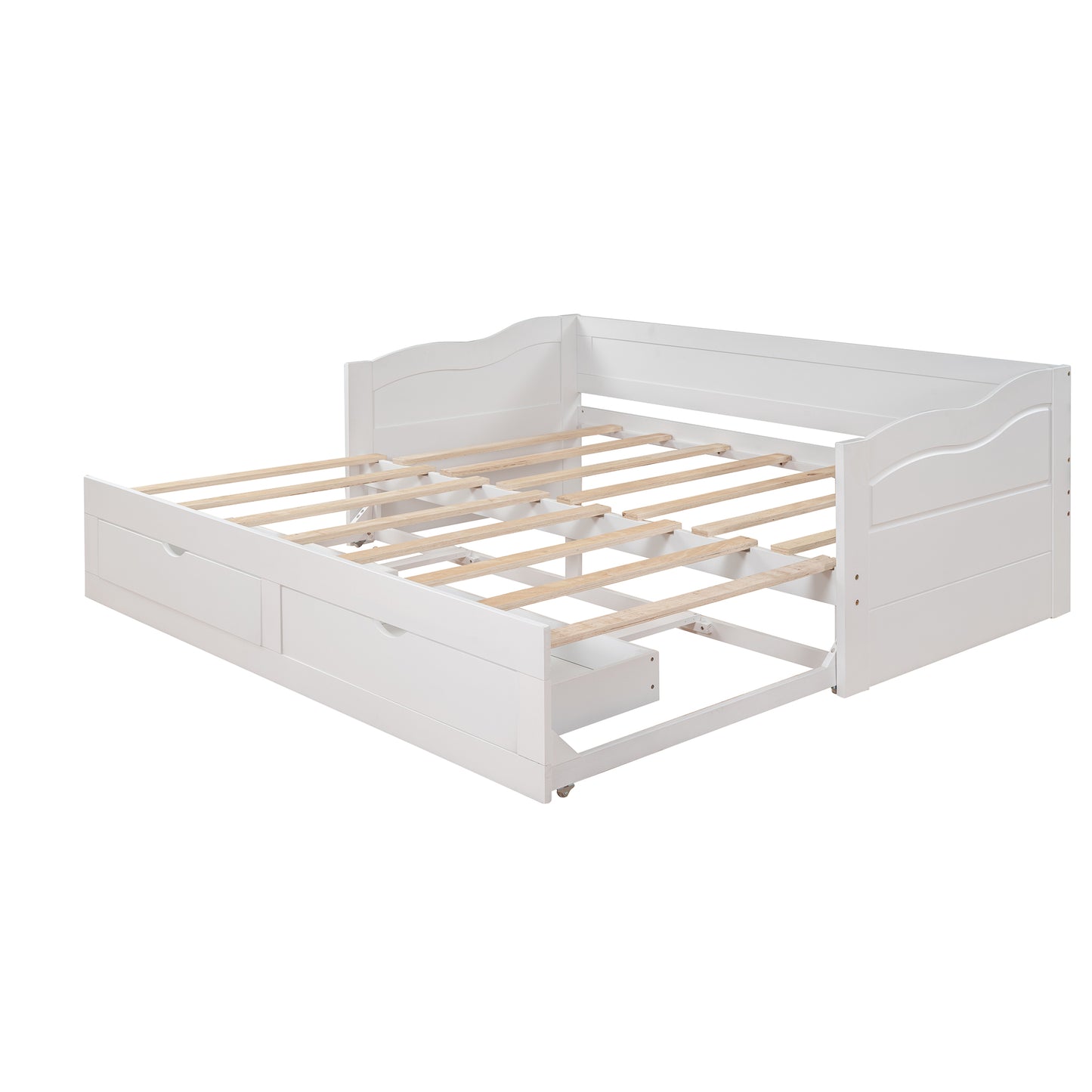 （缺货）Wooden Daybed with Trundle Bed and Two Storage Drawers , Extendable Bed Daybed,Sofa Bed with Two Drawers, White