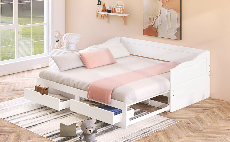 （缺货）Wooden Daybed with Trundle Bed and Two Storage Drawers , Extendable Bed Daybed,Sofa Bed with Two Drawers, White