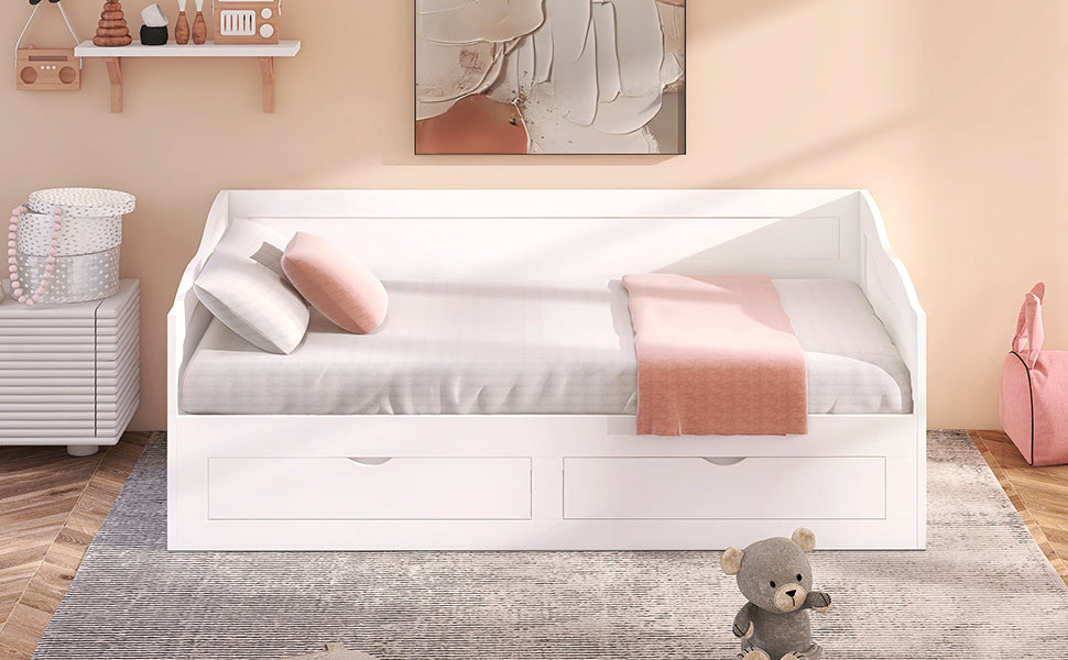 （缺货）Wooden Daybed with Trundle Bed and Two Storage Drawers , Extendable Bed Daybed,Sofa Bed with Two Drawers, White