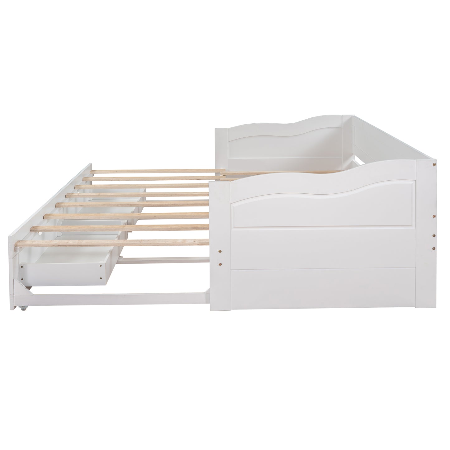 （缺货）Wooden Daybed with Trundle Bed and Two Storage Drawers , Extendable Bed Daybed,Sofa Bed with Two Drawers, White