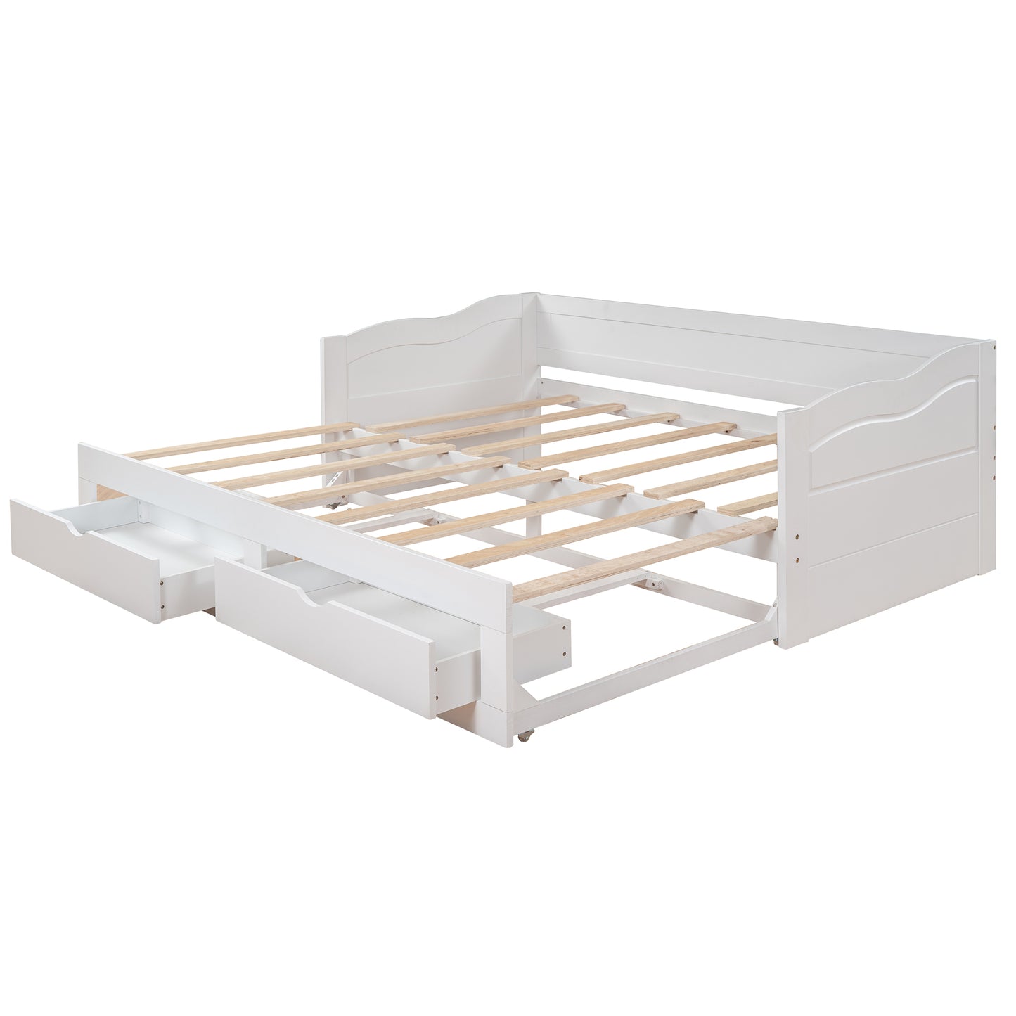 （缺货）Wooden Daybed with Trundle Bed and Two Storage Drawers , Extendable Bed Daybed,Sofa Bed with Two Drawers, White