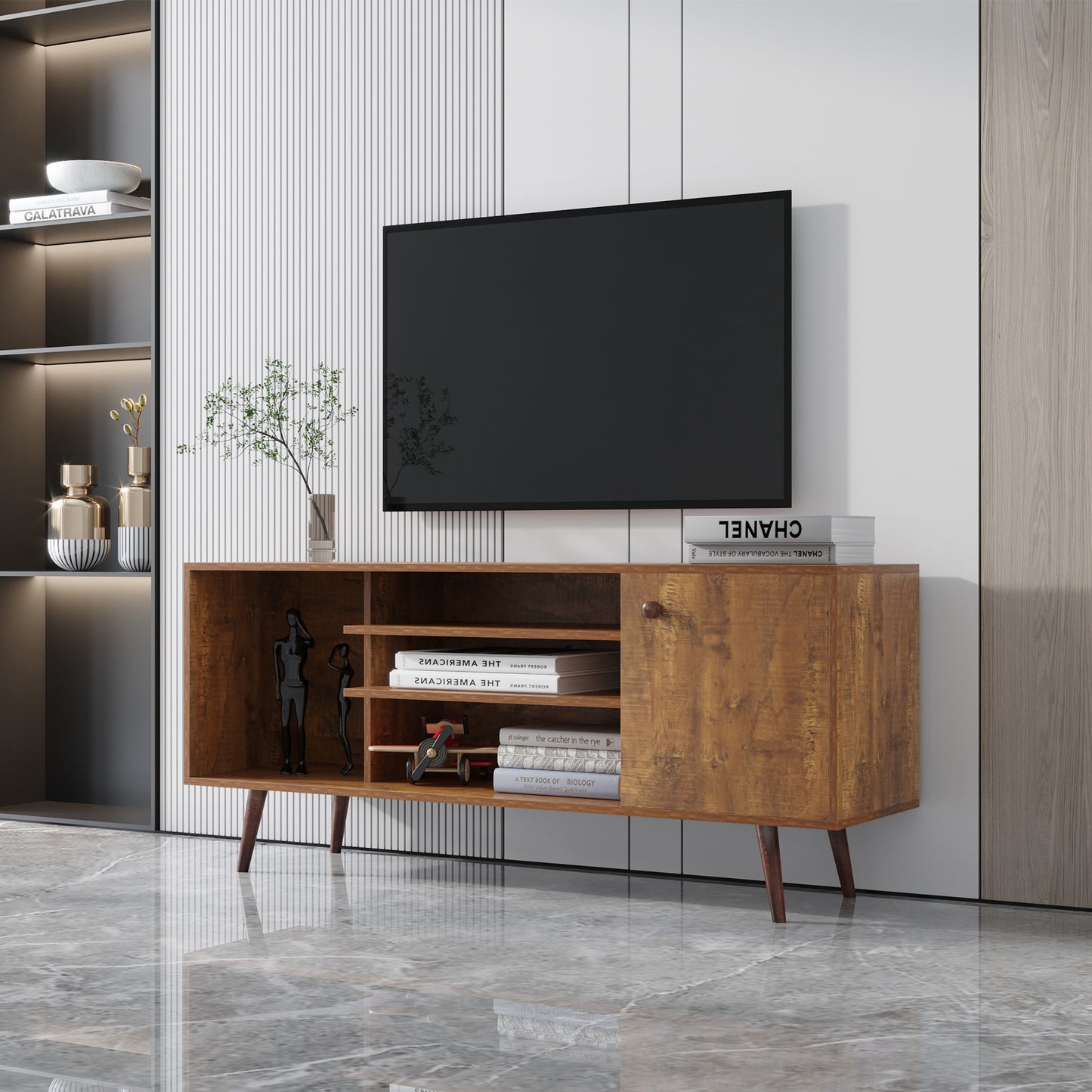 TV Stand Use in Living Room Furniture with 1 storage and 2 shelves Cabinet, high quality particle board,Walnut