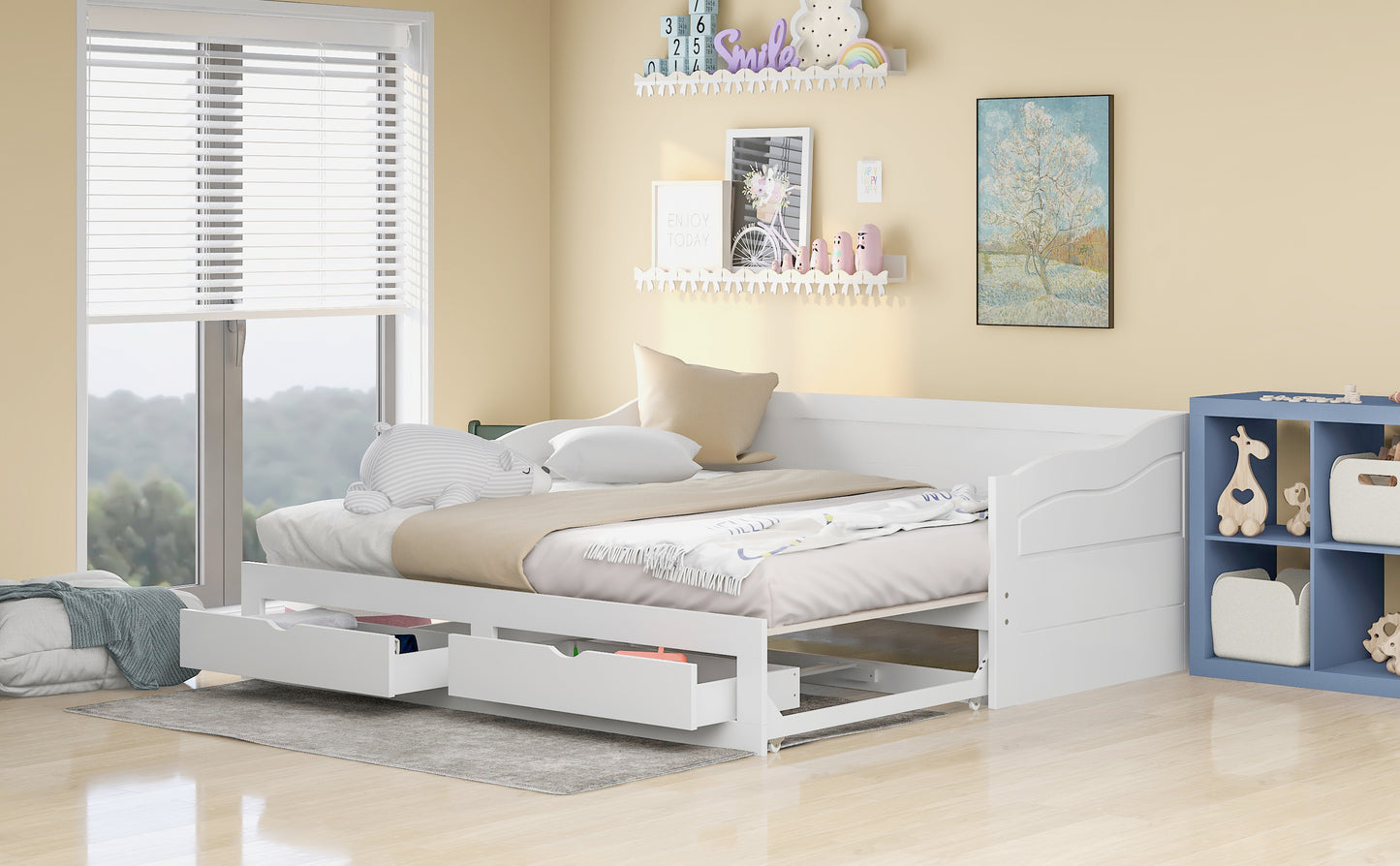 （缺货）Wooden Daybed with Trundle Bed and Two Storage Drawers , Extendable Bed Daybed,Sofa Bed with Two Drawers, White