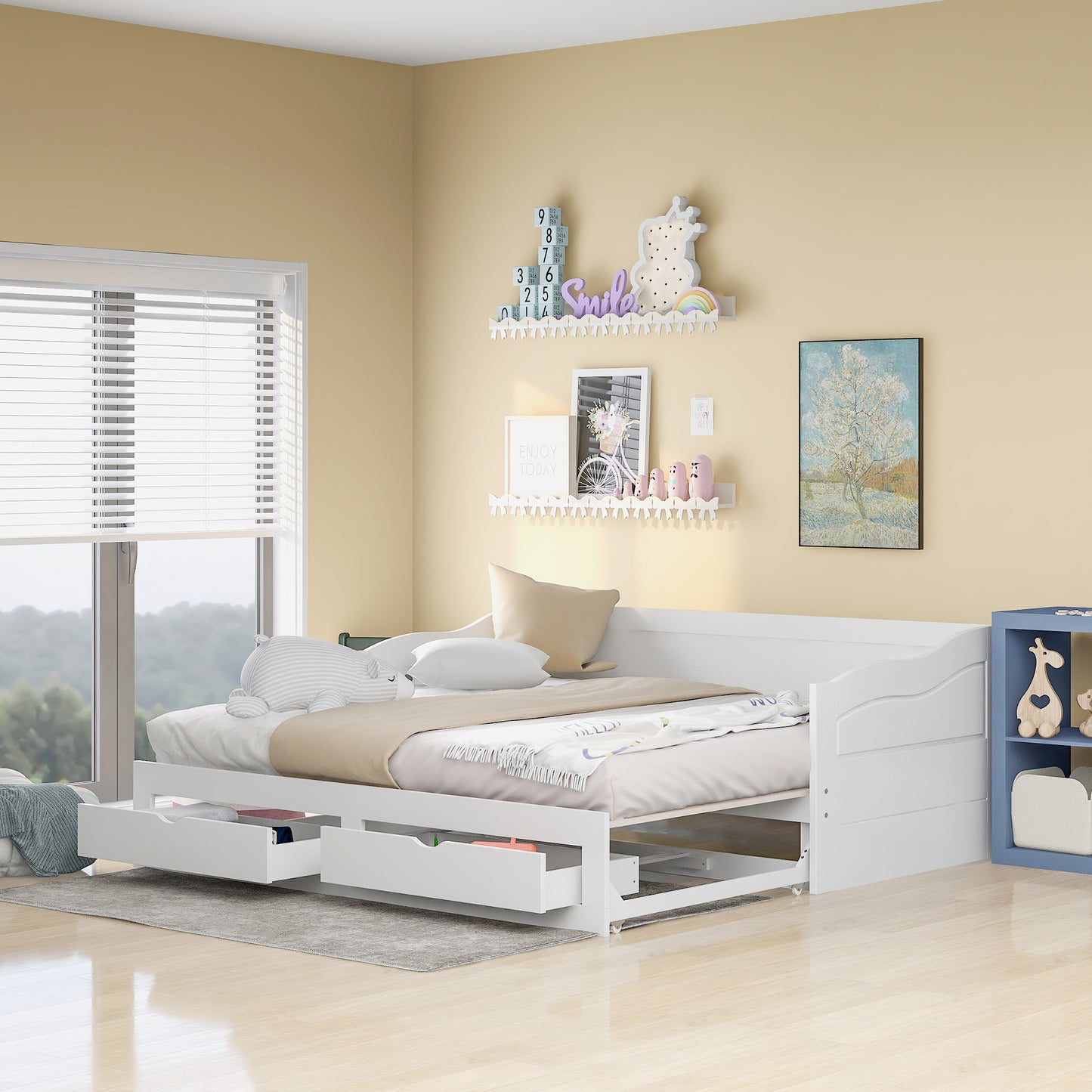 （缺货）Wooden Daybed with Trundle Bed and Two Storage Drawers , Extendable Bed Daybed,Sofa Bed with Two Drawers, White