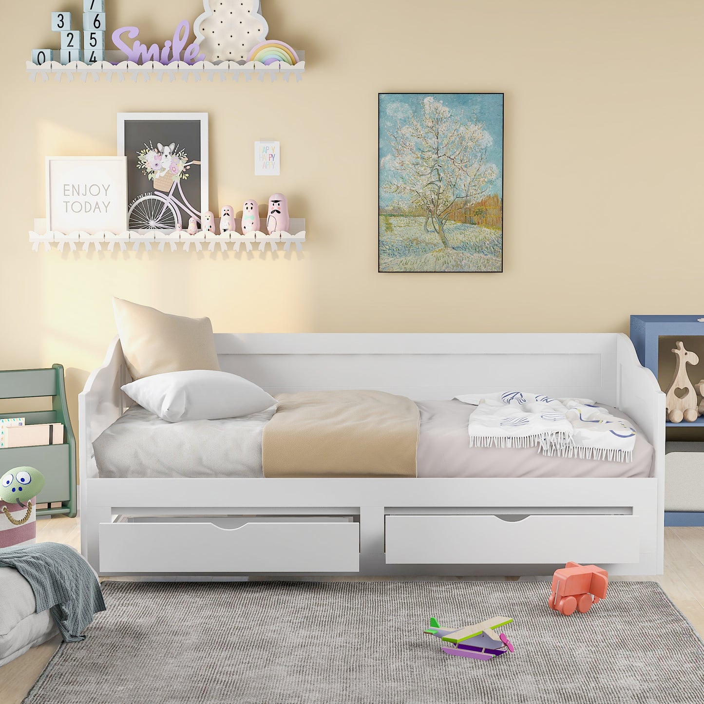 （缺货）Wooden Daybed with Trundle Bed and Two Storage Drawers , Extendable Bed Daybed,Sofa Bed with Two Drawers, White