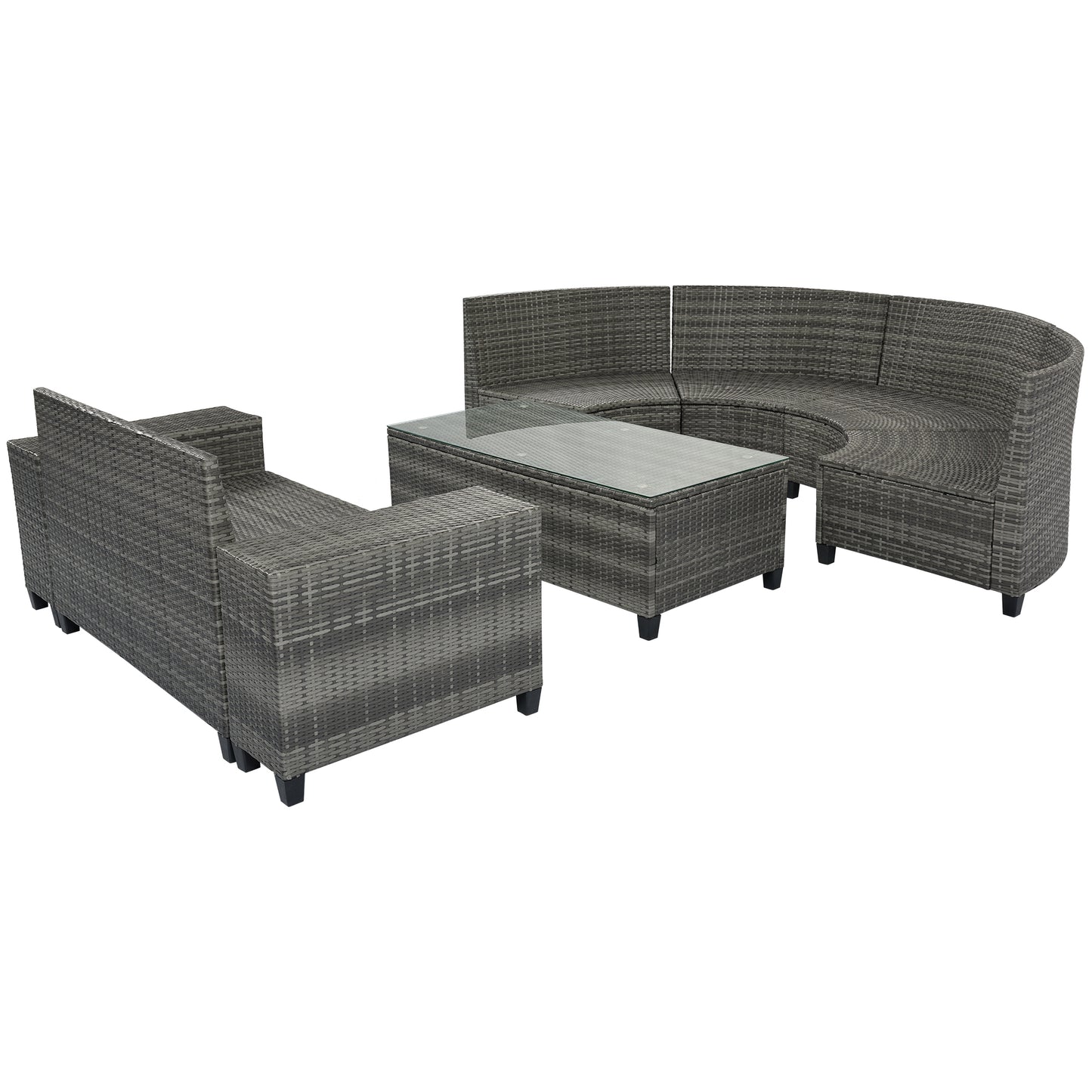 GO 8-pieces Outdoor Wicker Round Sofa Set, Half-Moon Sectional Sets All Weather, Curved Sofa Set With Rectangular Coffee Table, PE Rattan Water-resistant and UV Protected, Movable Cushion, Gray