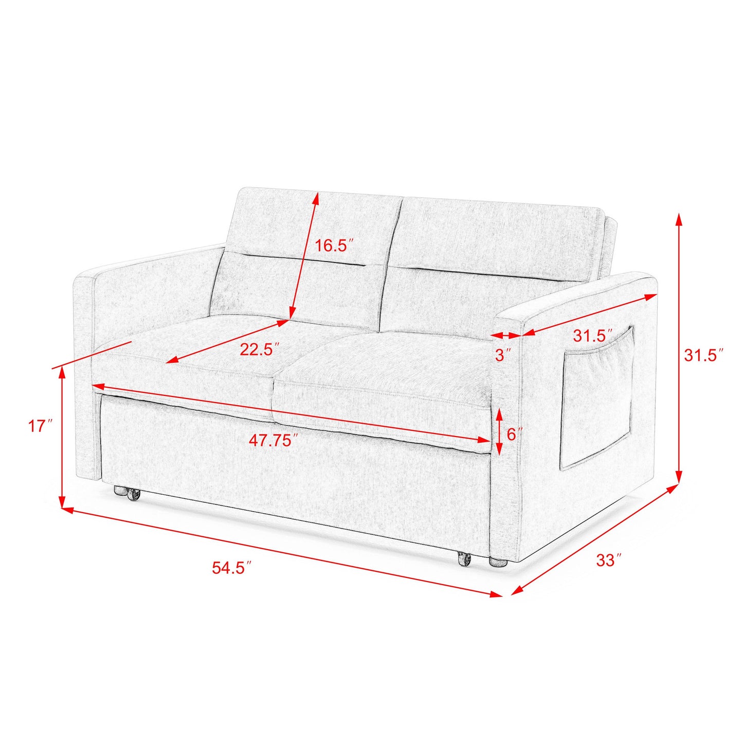 Loveseats Sofa Bed with Pull-out Bed,Adjsutable Back and Two Arm Pocket,Black (54.5"x33"x31.5")