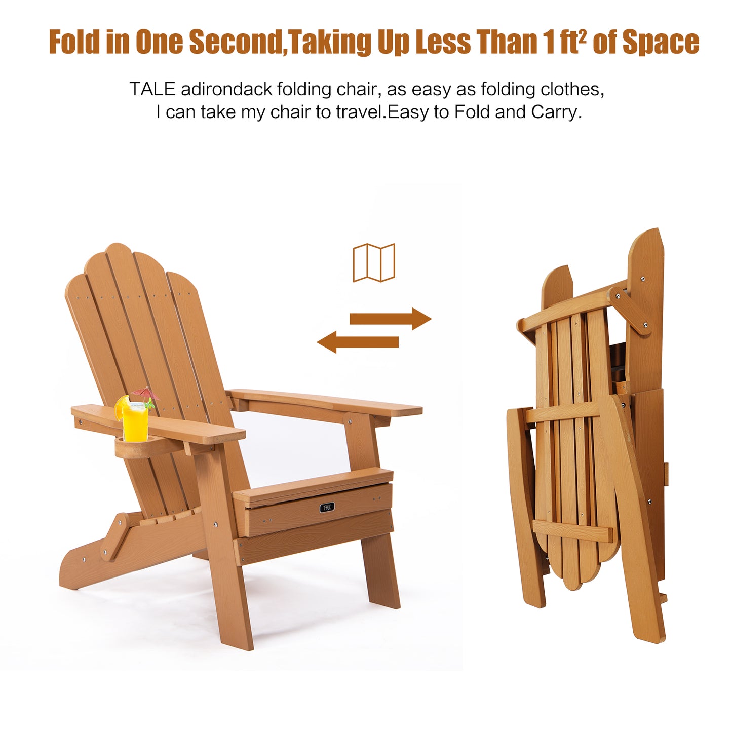 TALE Folding Adirondack Chair with Pullout Ottoman with Cup Holder, Oversized, Poly Lumber, for Patio Deck Garden, Backyard Furniture, Easy to Install,BROWN.