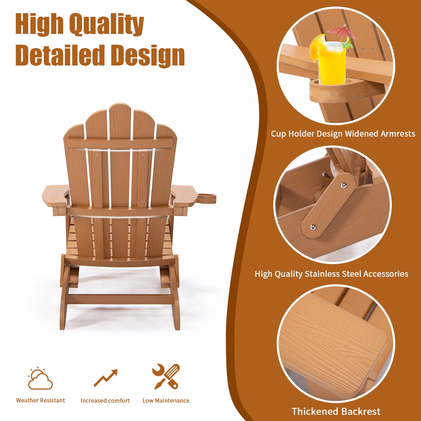 TALE Folding Adirondack Chair with Pullout Ottoman with Cup Holder, Oversized, Poly Lumber, for Patio Deck Garden, Backyard Furniture, Easy to Install,BROWN.