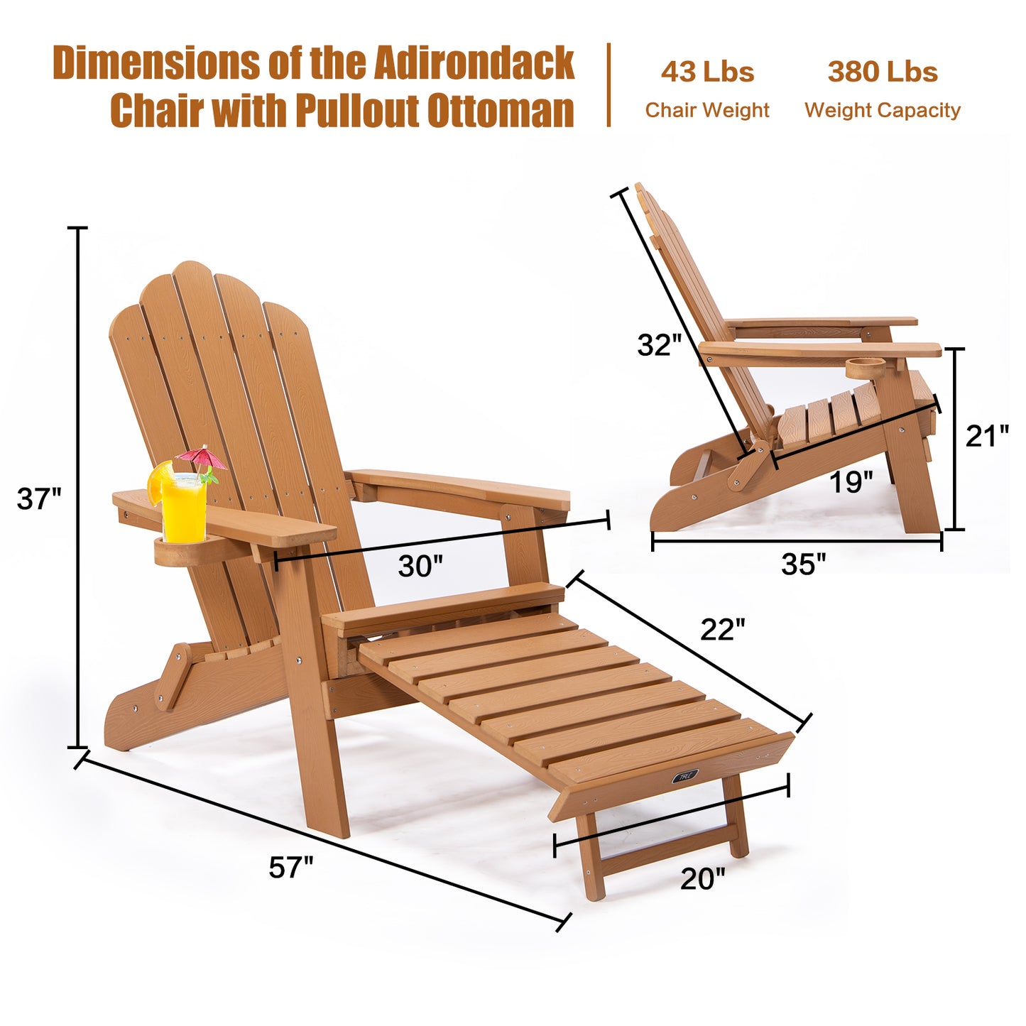 TALE Folding Adirondack Chair with Pullout Ottoman with Cup Holder, Oversized, Poly Lumber, for Patio Deck Garden, Backyard Furniture, Easy to Install,BROWN.