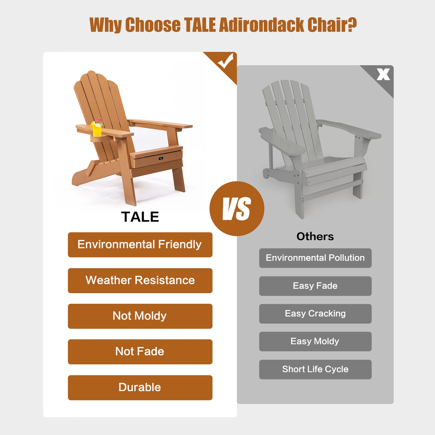 TALE Folding Adirondack Chair with Pullout Ottoman with Cup Holder, Oversized, Poly Lumber, for Patio Deck Garden, Backyard Furniture, Easy to Install,BROWN.