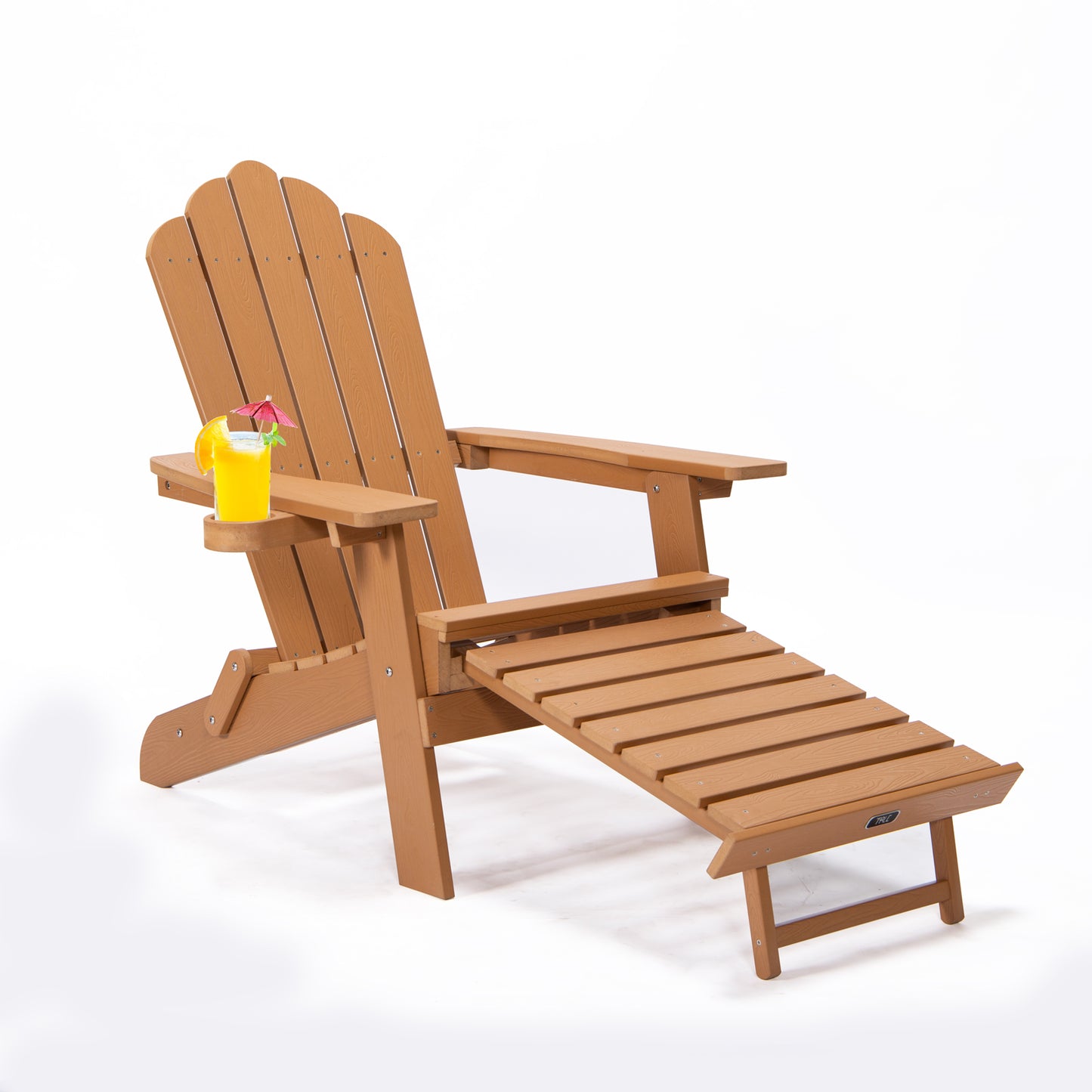 TALE Folding Adirondack Chair with Pullout Ottoman with Cup Holder, Oversized, Poly Lumber, for Patio Deck Garden, Backyard Furniture, Easy to Install,BROWN.