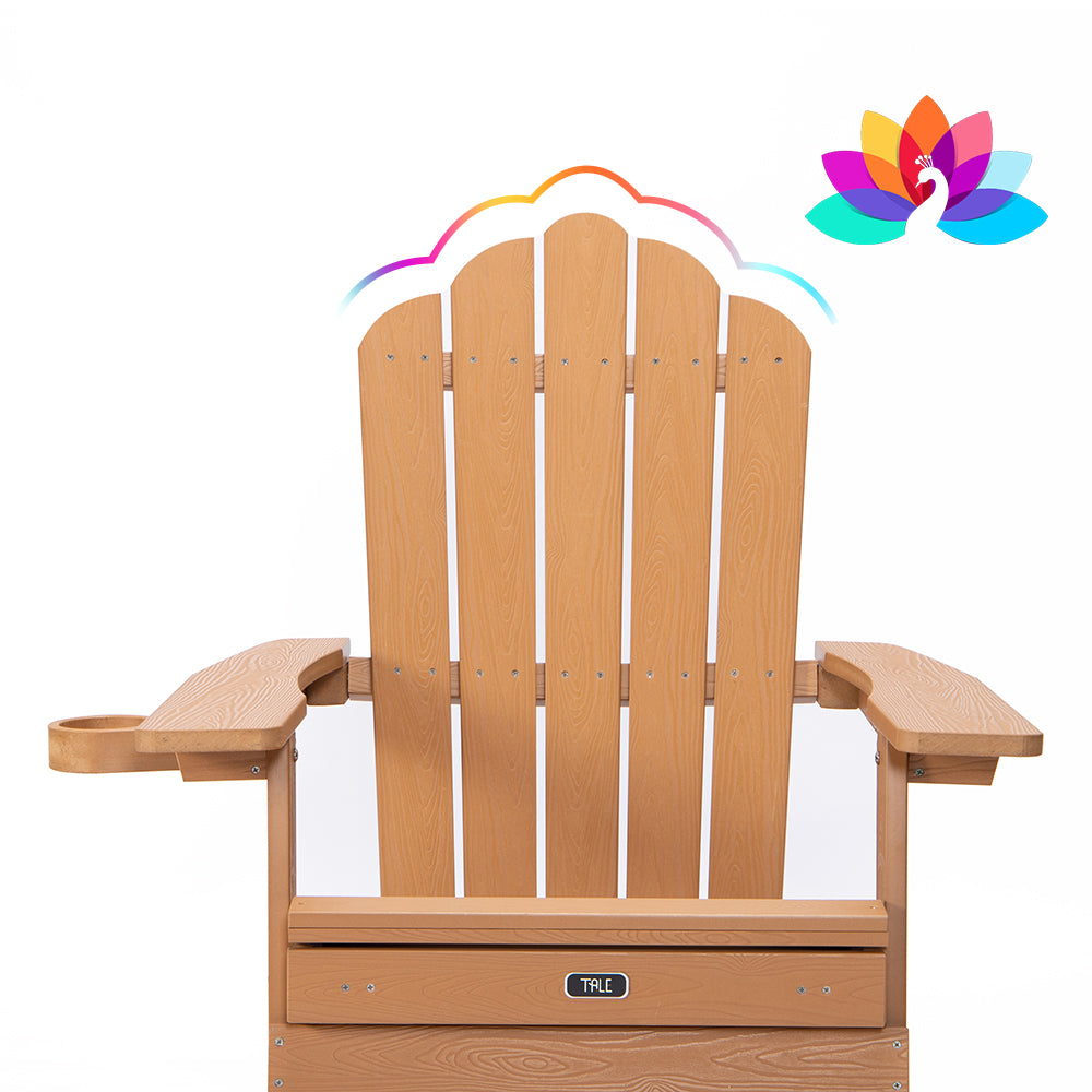 TALE Folding Adirondack Chair with Pullout Ottoman with Cup Holder, Oversized, Poly Lumber, for Patio Deck Garden, Backyard Furniture, Easy to Install,BROWN.