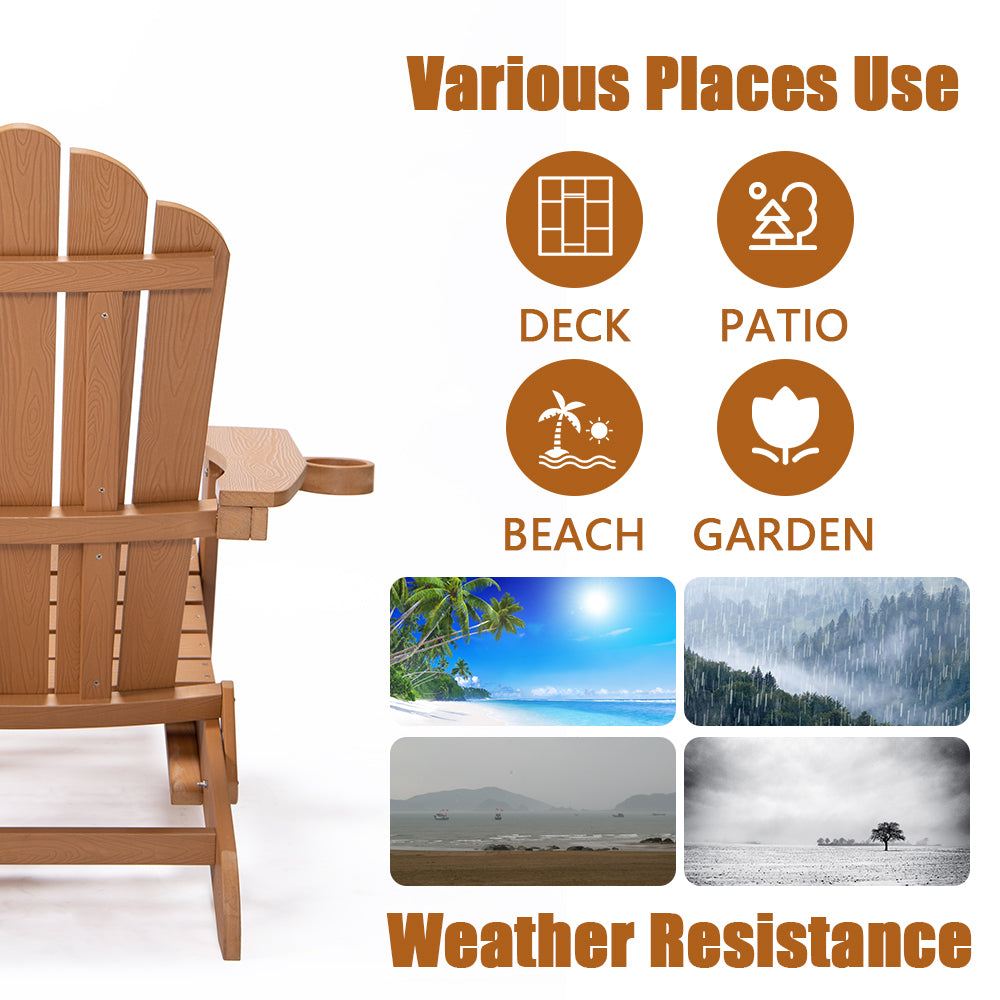 TALE Folding Adirondack Chair with Pullout Ottoman with Cup Holder, Oversized, Poly Lumber, for Patio Deck Garden, Backyard Furniture, Easy to Install,BROWN.