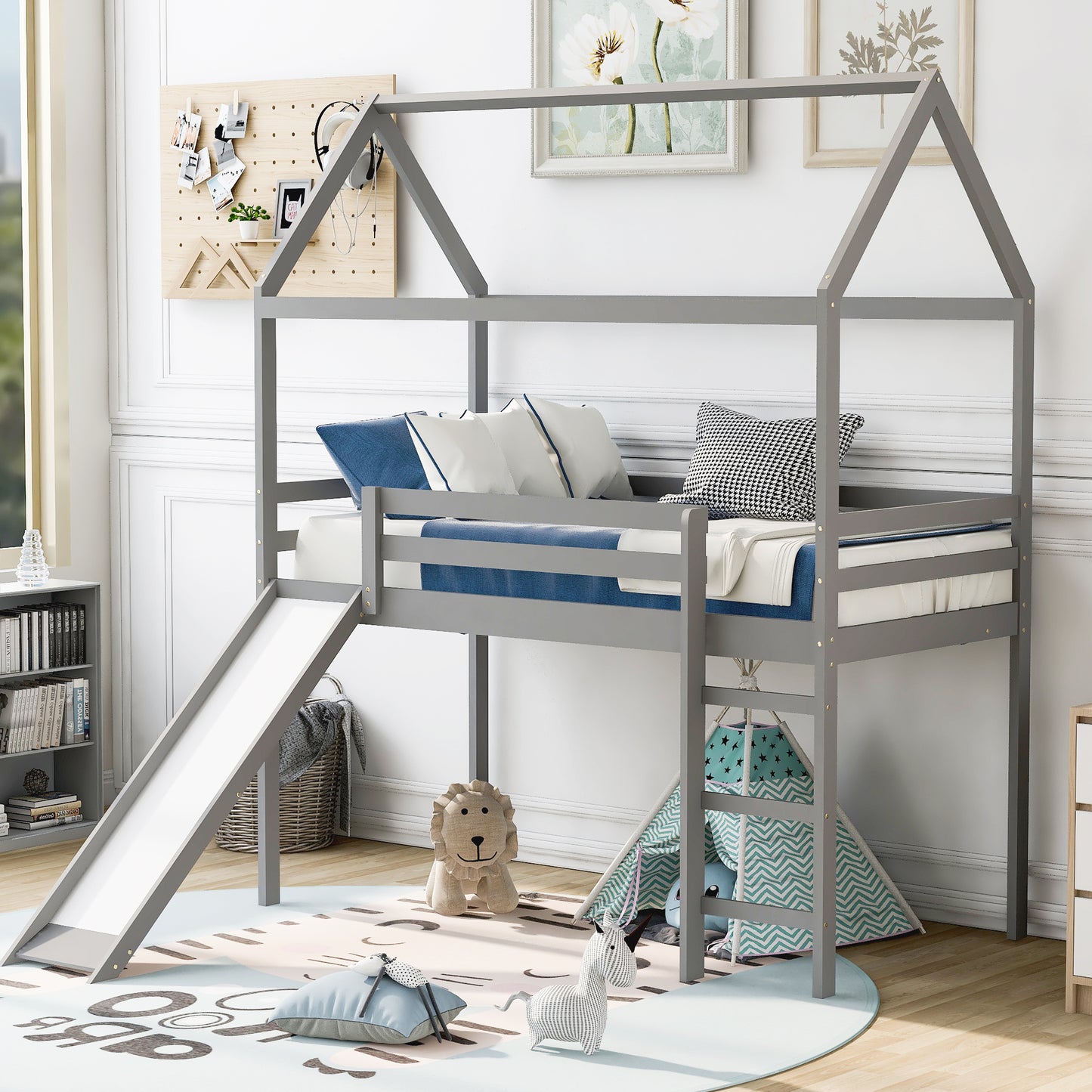 Twin Loft Bed with Slide, House Bed with Slide,Gray