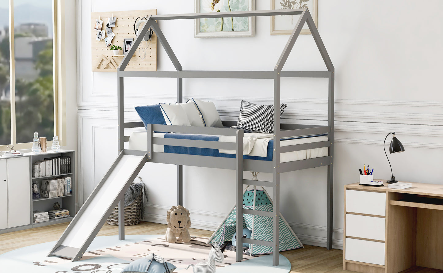 Twin Loft Bed with Slide, House Bed with Slide,Gray