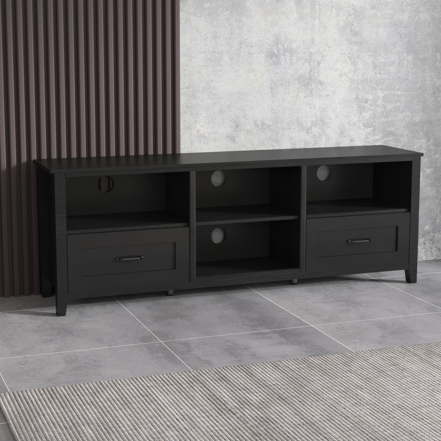 70.08 Inch Length Black TV Stand for Living Room and Bedroom, with 2 Drawers and 4 High-Capacity Storage Compartment.