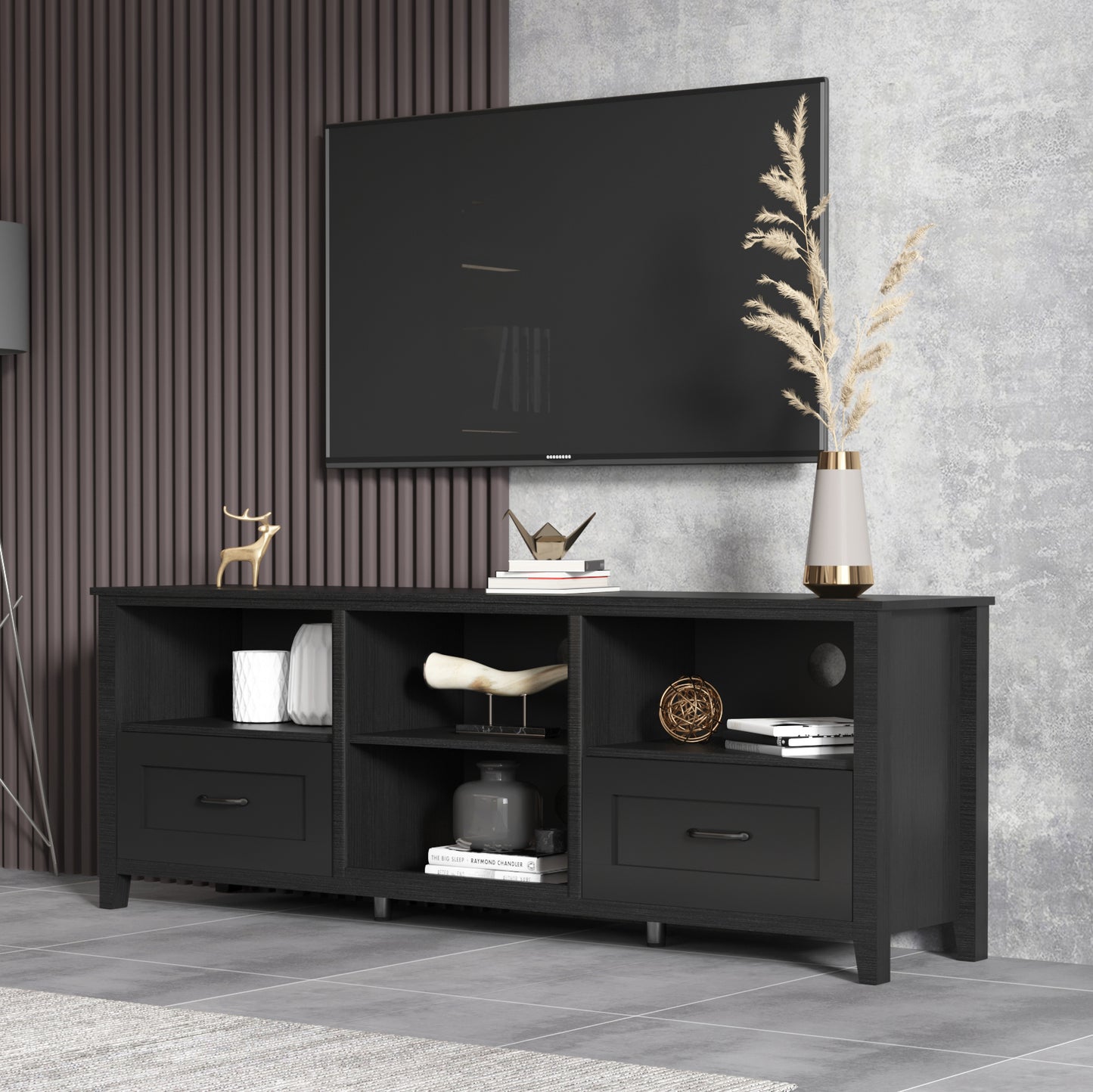 70.08 Inch Length Black TV Stand for Living Room and Bedroom, with 2 Drawers and 4 High-Capacity Storage Compartment.