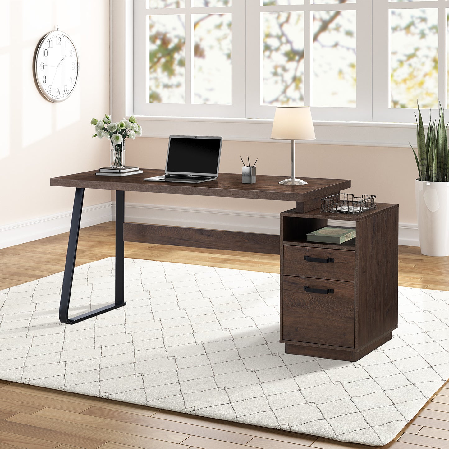 （预计 2025 2.11-2.18到货）Home Office Computer Desk with Drawers/Hanging Letter-size Files, 65 inch Writing Study Table with Drawers