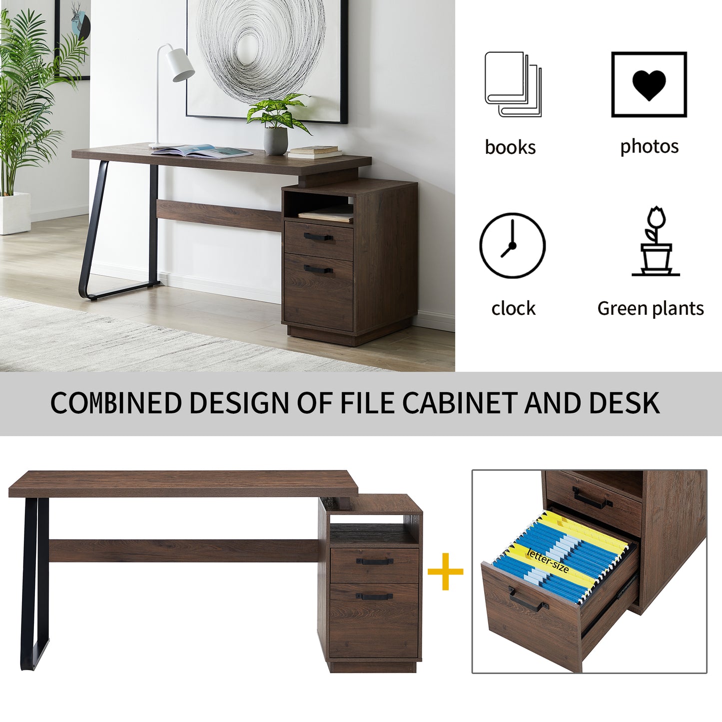 （预计 2025 2.11-2.18到货）Home Office Computer Desk with Drawers/Hanging Letter-size Files, 65 inch Writing Study Table with Drawers