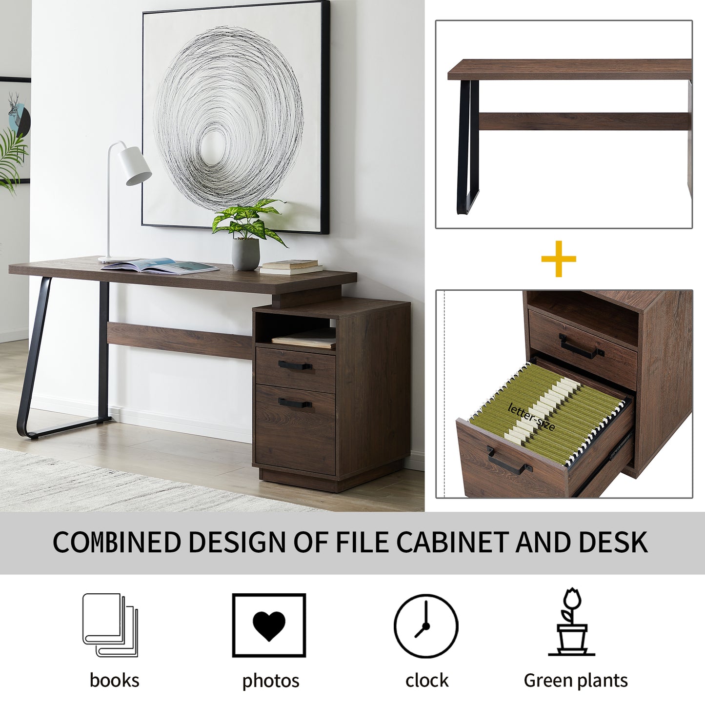 （预计 2025 2.11-2.18到货）Home Office Computer Desk with Drawers/Hanging Letter-size Files, 65 inch Writing Study Table with Drawers