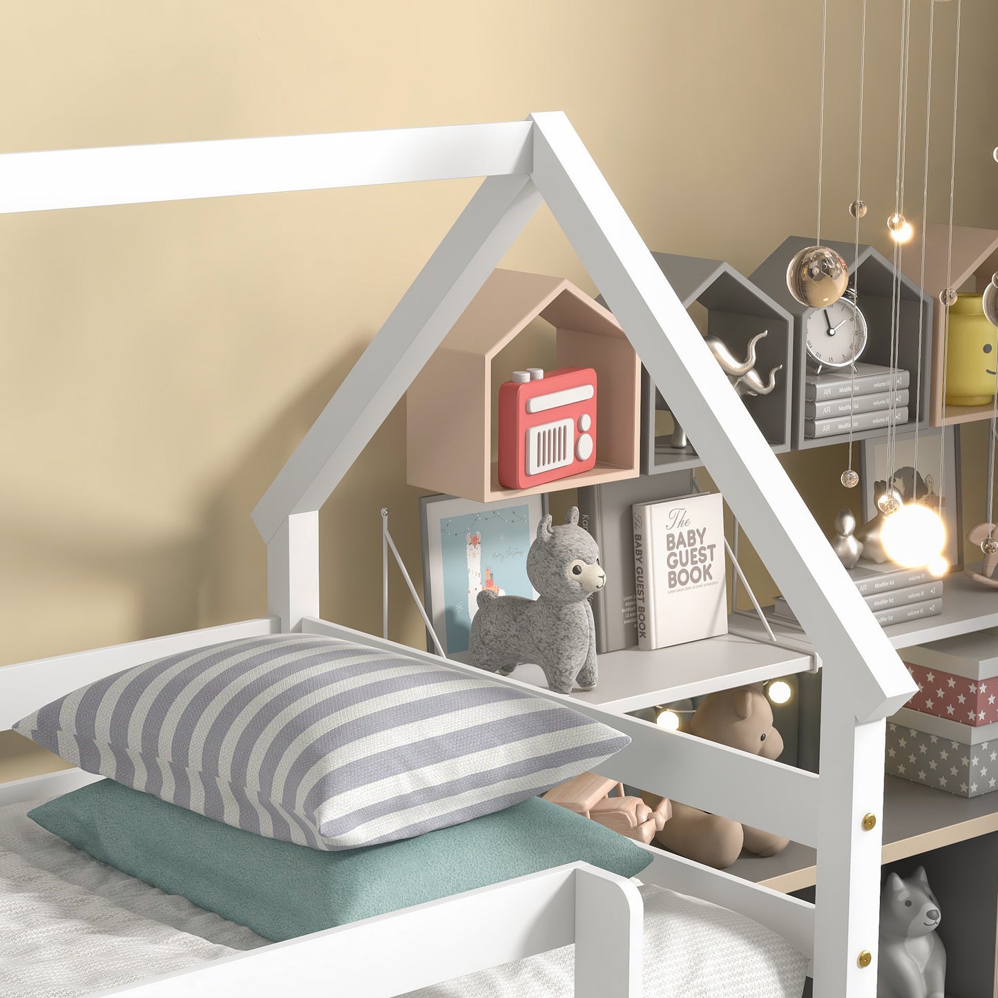 Twin over Twin Loft Bed with Roof Design, Safety Guardrail, Ladder, White