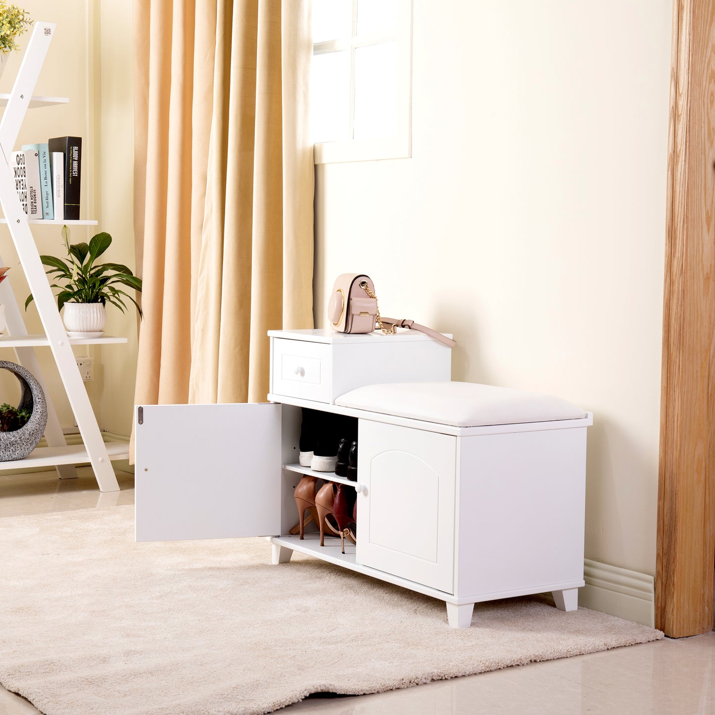 White Shoe Storage Bench Cabinet with Fireproof PU Cushion, Double Doors and Movable Drawer Wood for Door Entrance