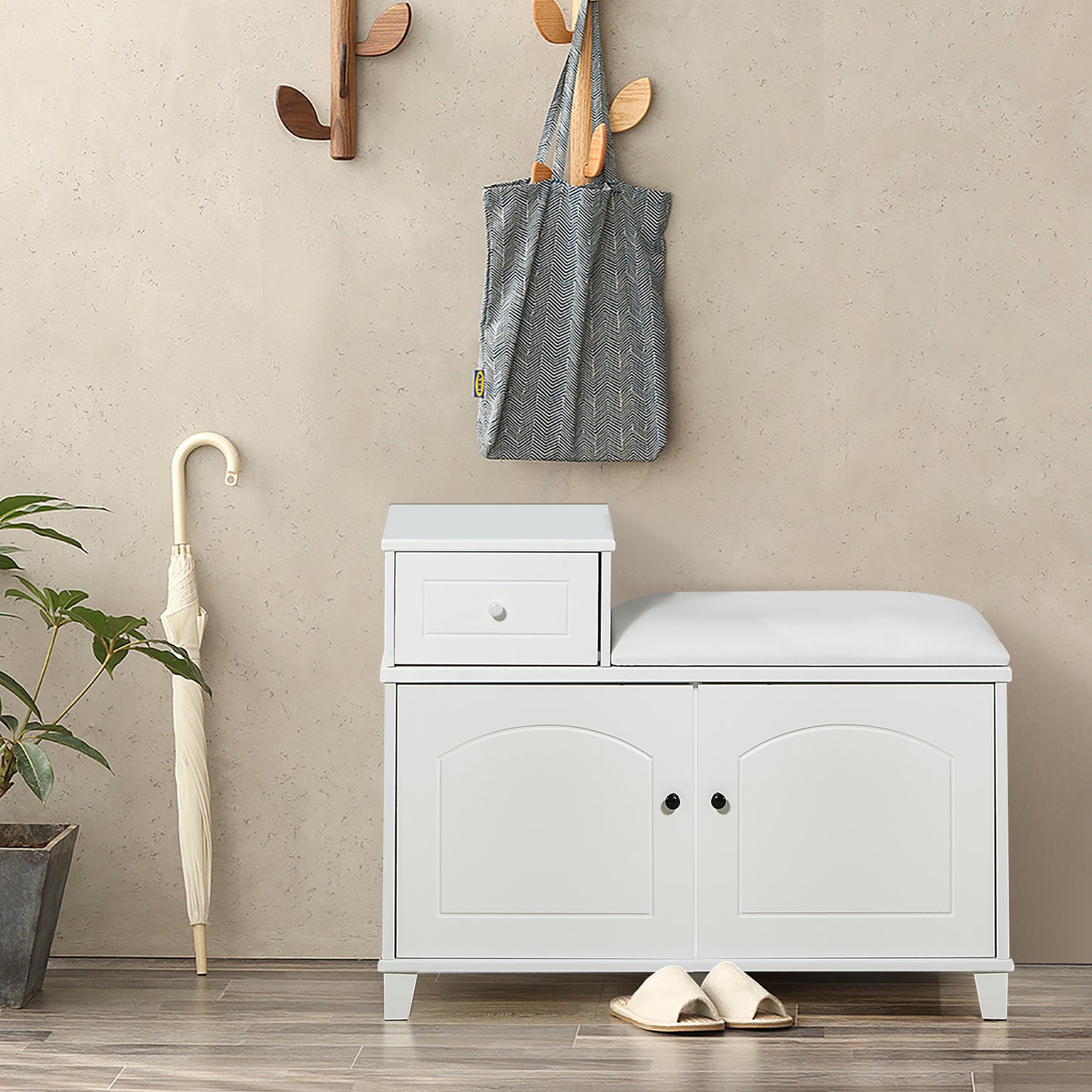 White Shoe Storage Bench Cabinet with Fireproof PU Cushion, Double Doors and Movable Drawer Wood for Door Entrance