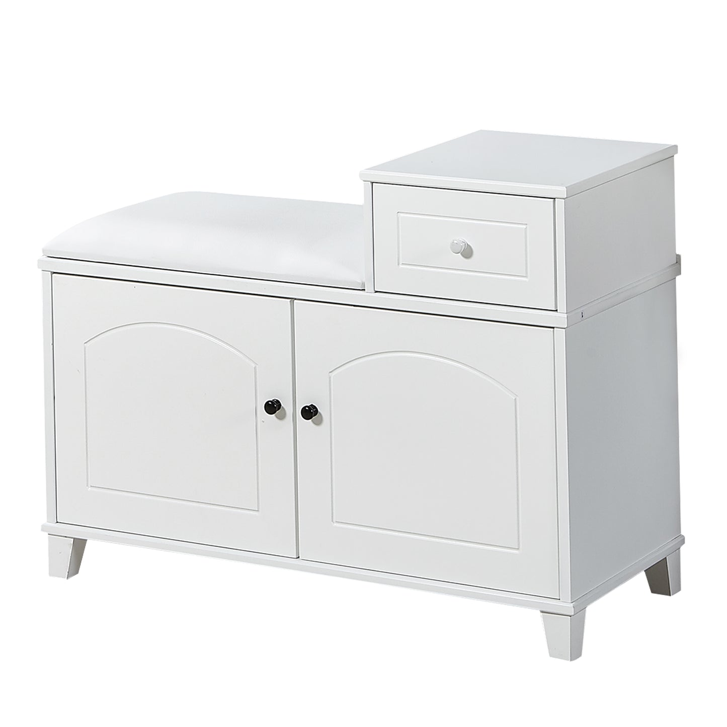 White Shoe Storage Bench Cabinet with Fireproof PU Cushion, Double Doors and Movable Drawer Wood for Door Entrance