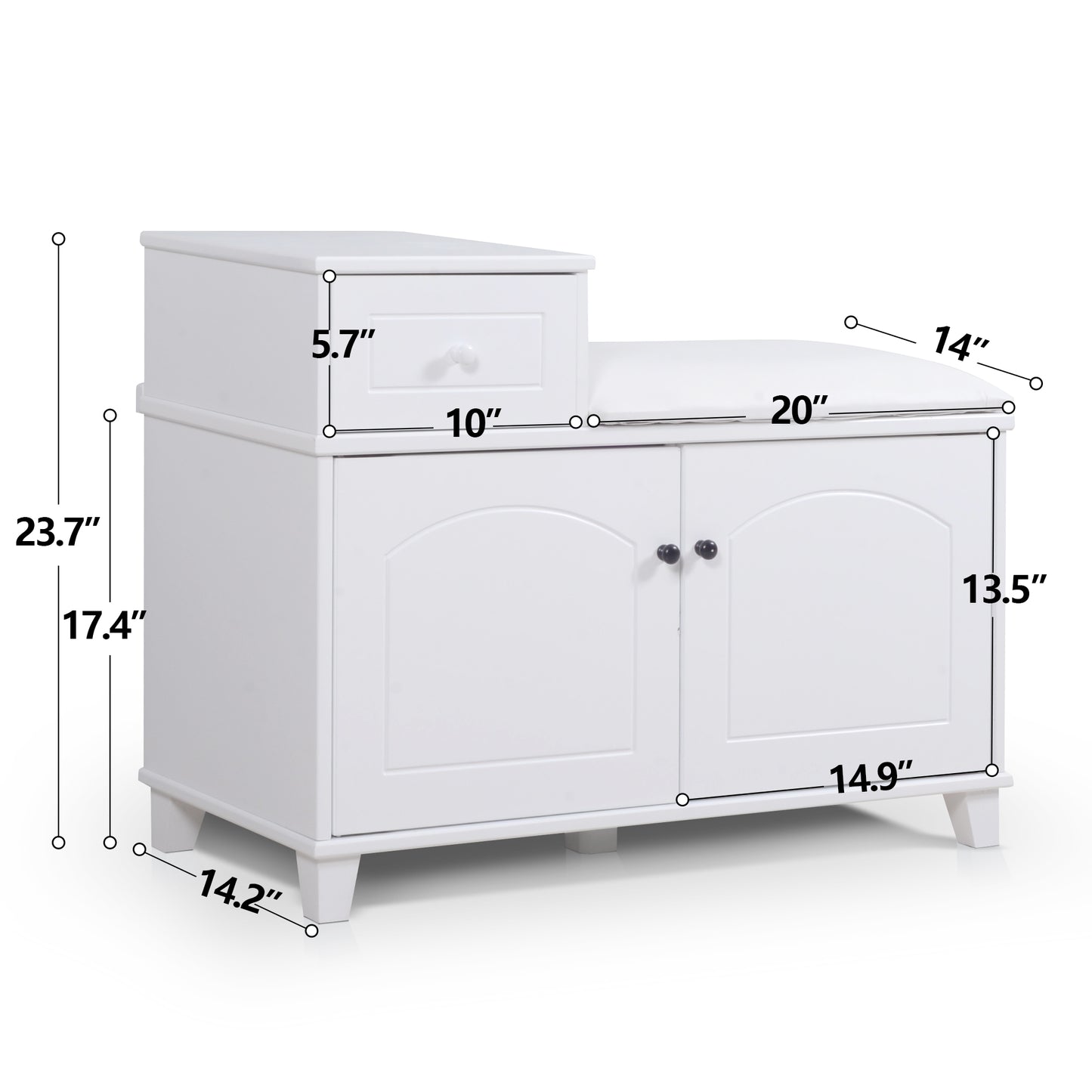 White Shoe Storage Bench Cabinet with Fireproof PU Cushion, Double Doors and Movable Drawer Wood for Door Entrance