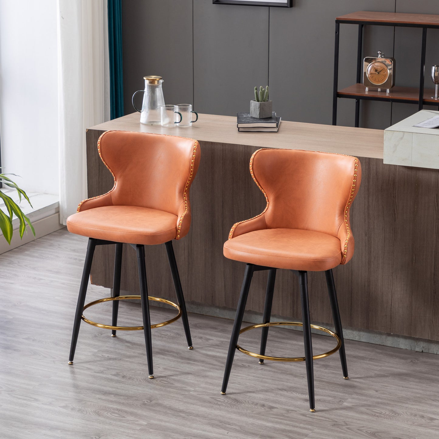 A&A Furniture,Counter Height 25" Modern Leathaire Fabric bar chairs,180° Swivel Bar Stool Chair for Kitchen,Tufted Gold Nailhead Trim Bar Stools with Metal Legs,Set of 2 (Orange)