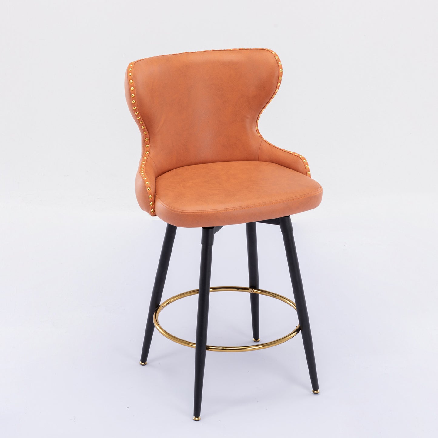 A&A Furniture,Counter Height 25" Modern Leathaire Fabric bar chairs,180° Swivel Bar Stool Chair for Kitchen,Tufted Gold Nailhead Trim Bar Stools with Metal Legs,Set of 2 (Orange)