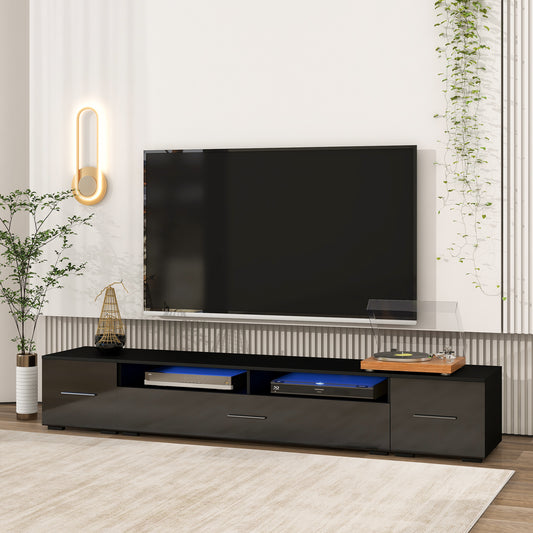 ON-TREND Extended, Minimalist Design TV stand with Color Changing LED Lights, Modern Universal Entertainment Center, High Gloss TV Cabinet for 90+ inch TV, Black