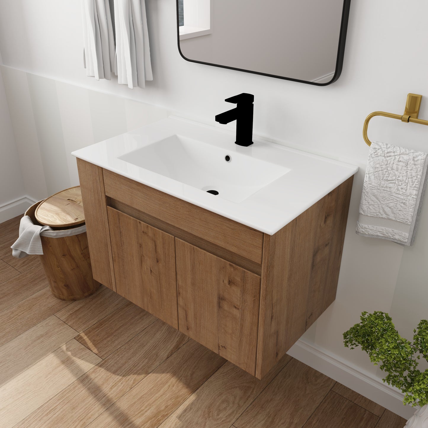 30 Inch Bathroom Vanity With White Ceramic Basin and Adjust Open Shelf(KD-PACKING)